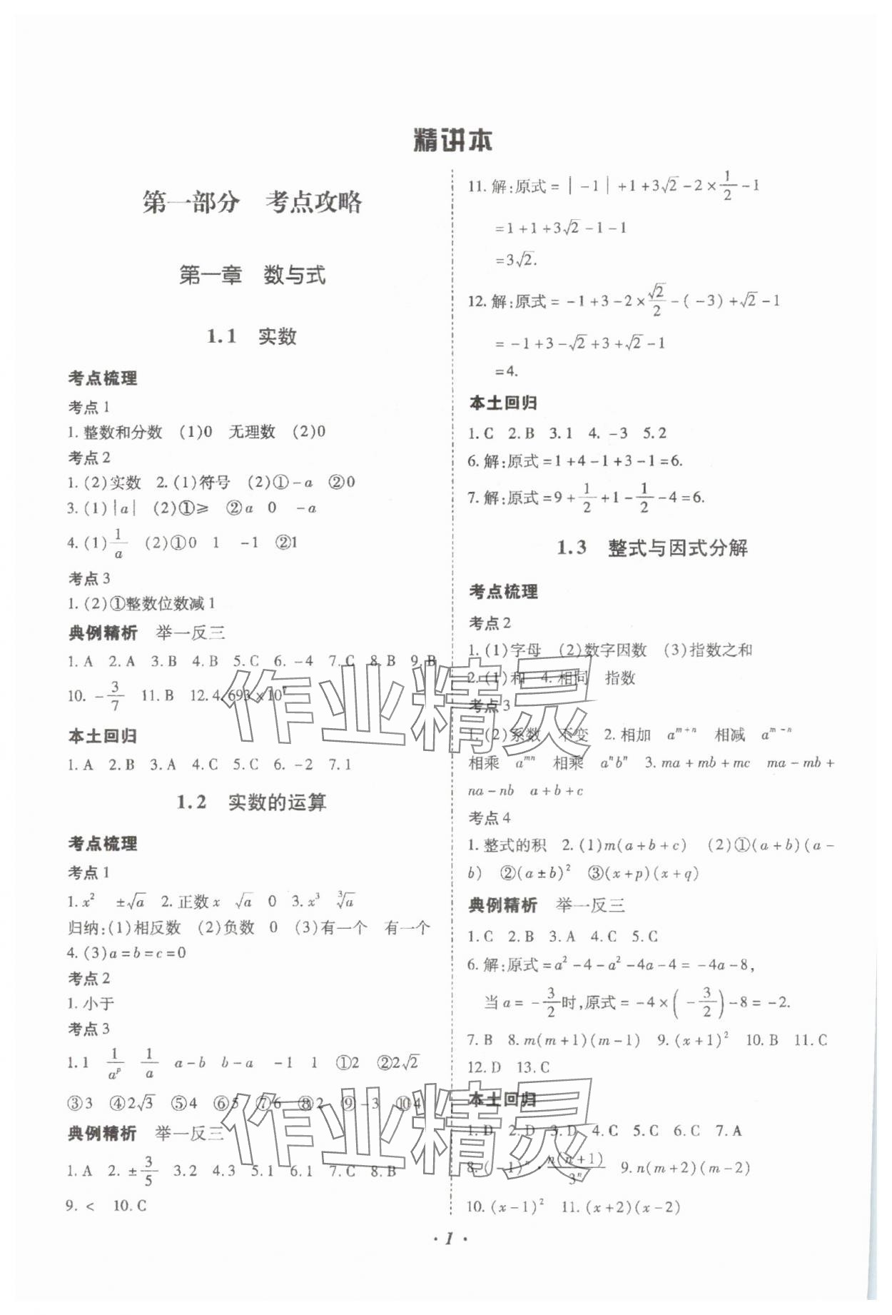 2024年本土攻略精準復習方案數學中考云南專版 參考答案第1頁