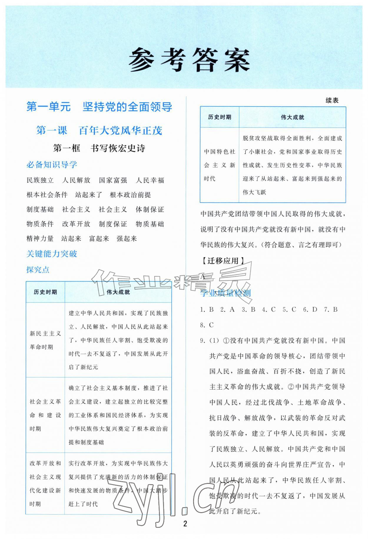 2026年同步练习册人民教育出版社九年级道德与法治上册人教版山东专版&nbsp;参考答案第1页