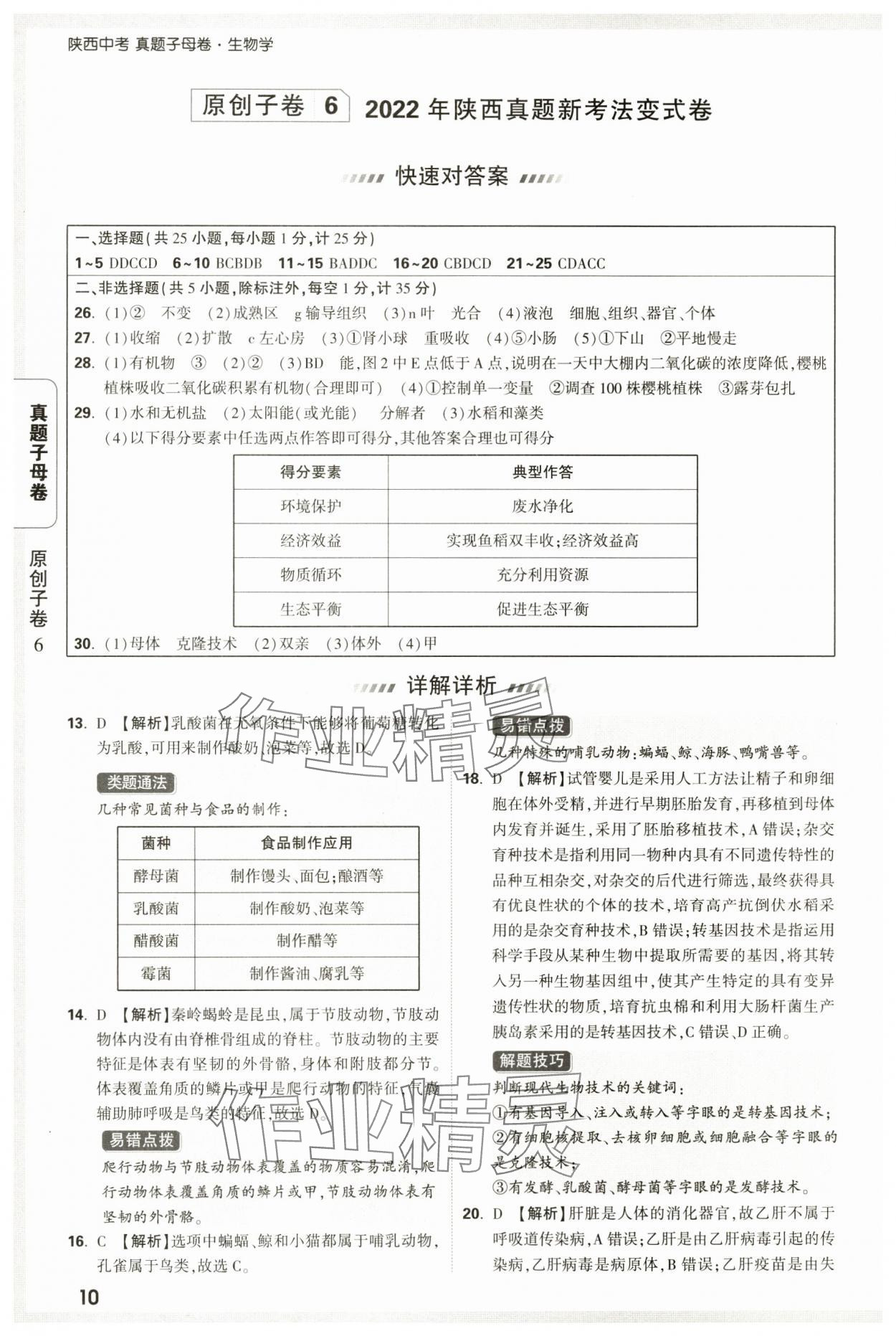 2025年万唯中考真题子母卷生物陕西专版&nbsp;参考答案第10页