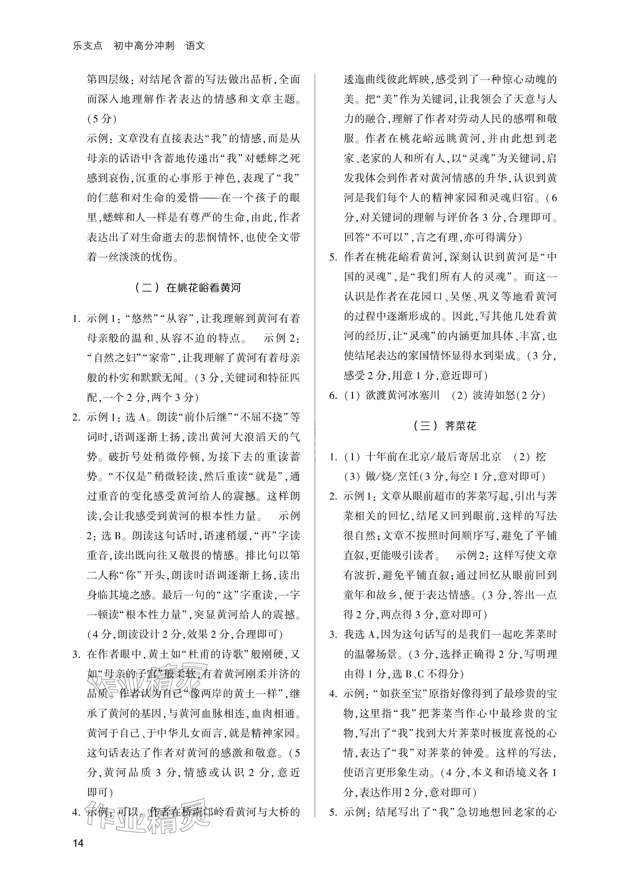 2024年樂支點中考高分沖刺語文&nbsp;參考答案第14頁