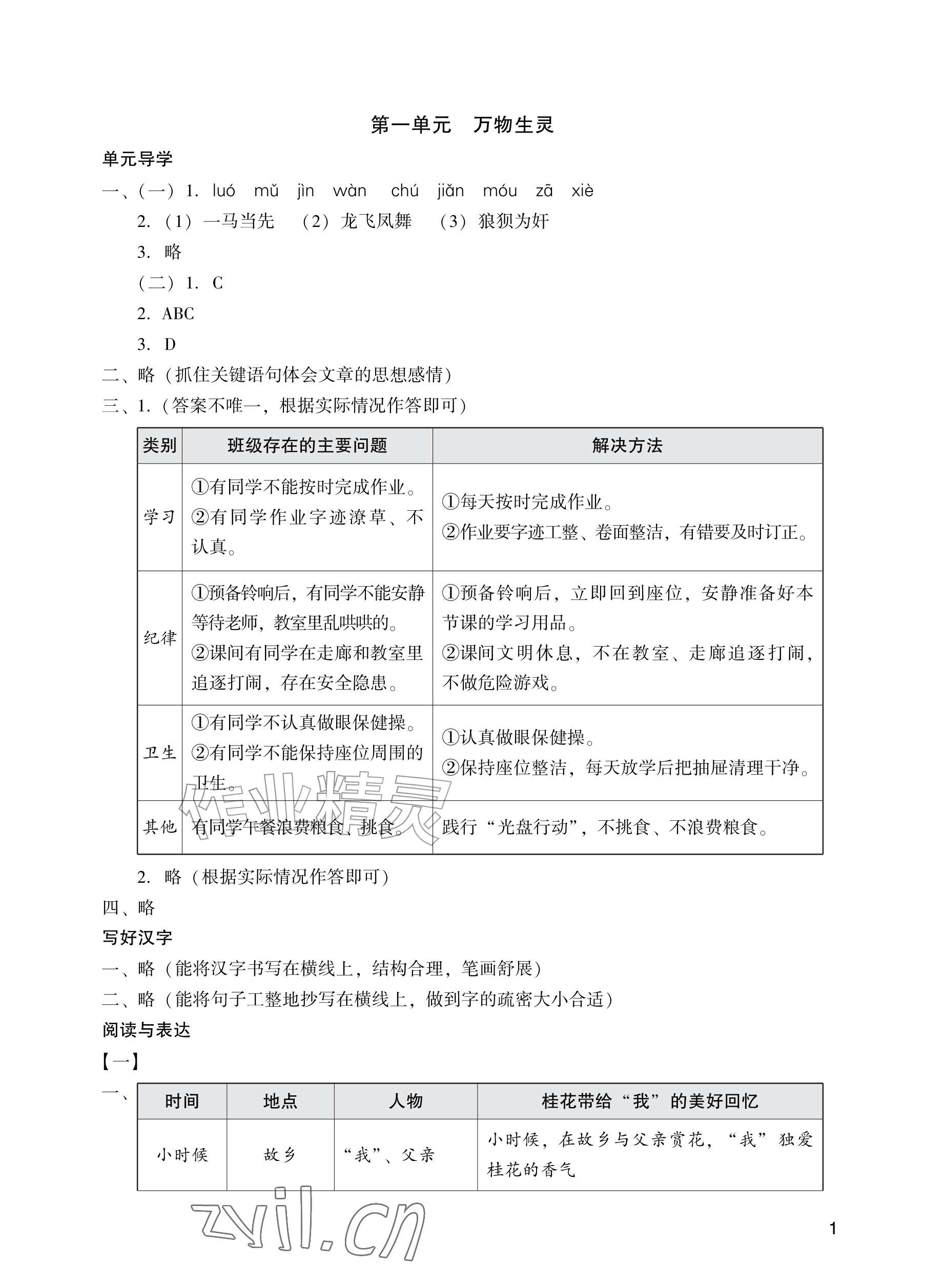 2026年阳光学业评价五年级语文上册人教版&nbsp;参考答案第1页