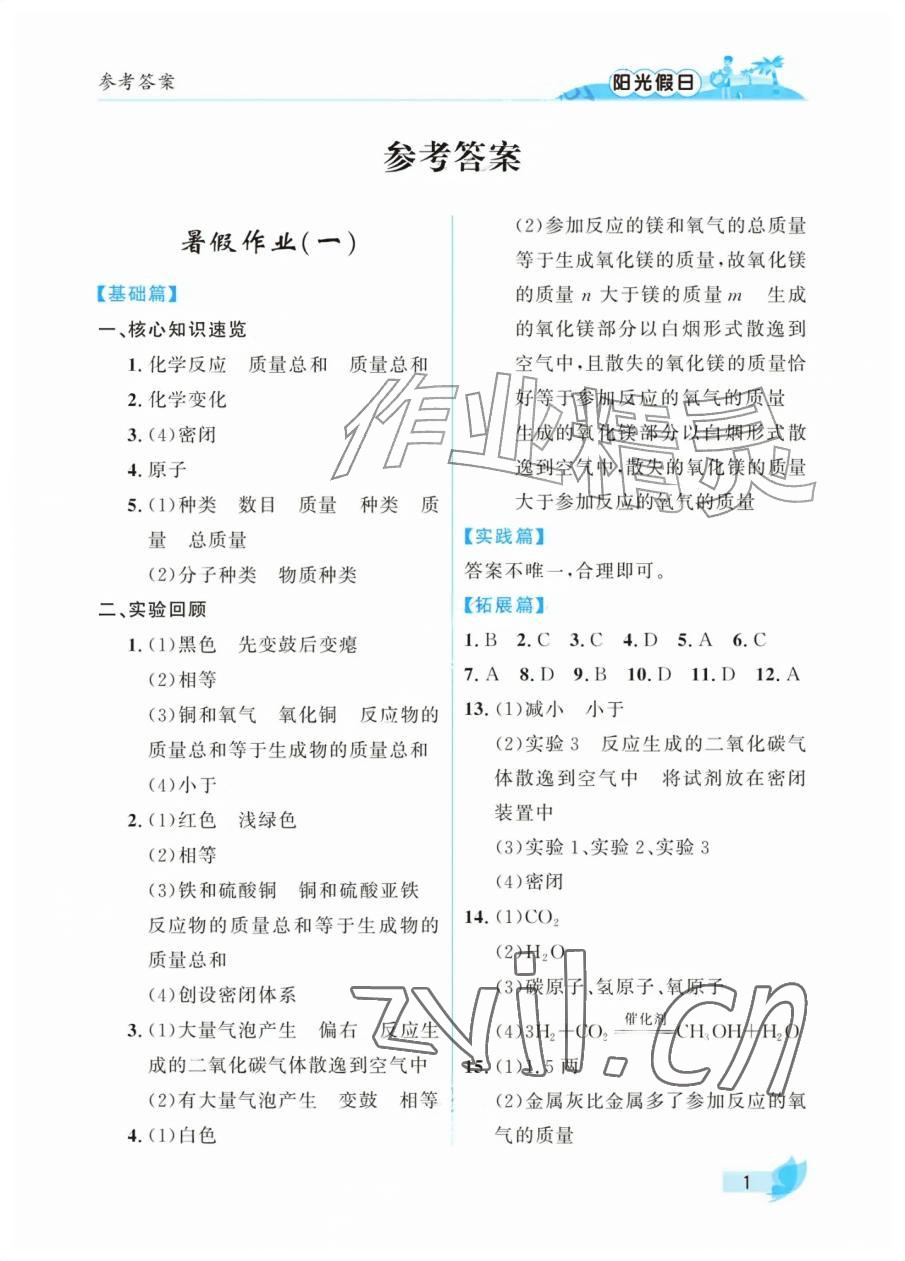 2026年阳光假日暑假八年级化学人教版五四制&nbsp;参考答案第1页