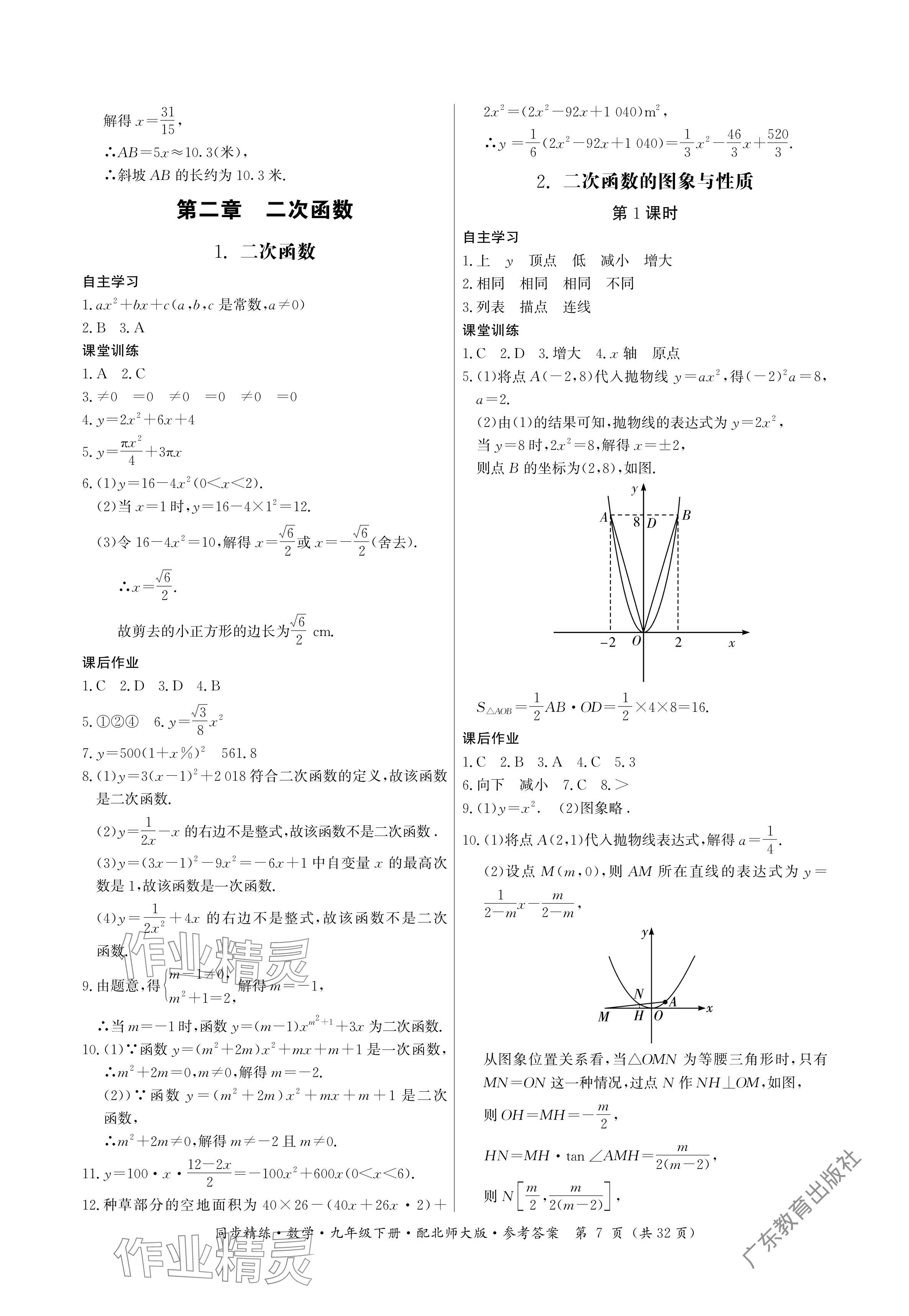 2024年同步精練廣東人民出版社九年級(jí)數(shù)學(xué)下冊(cè)北師大版深圳專(zhuān)版 參考答案第7頁(yè)