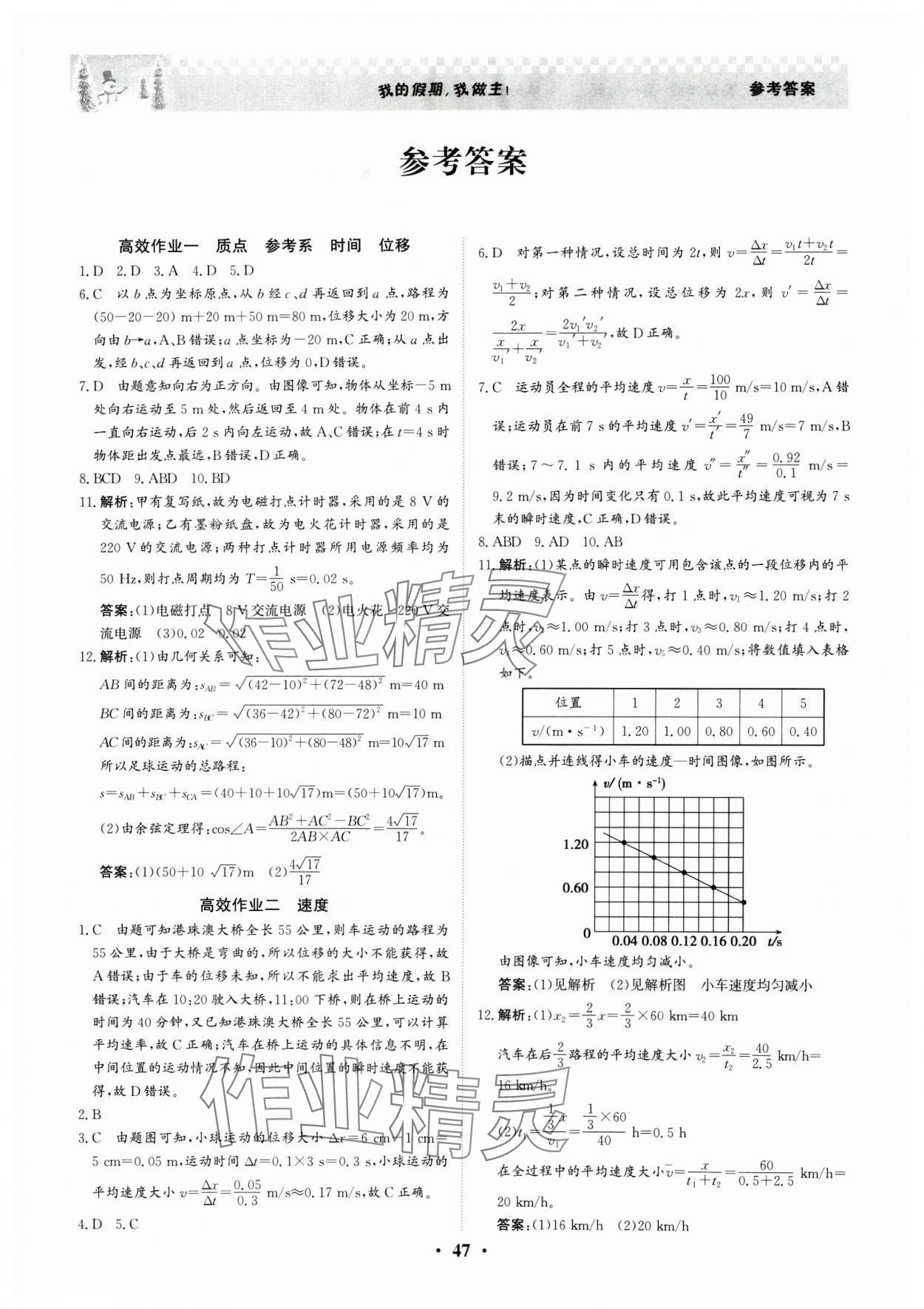 2025年優化探究高效作業高一物理 參考答案第1頁