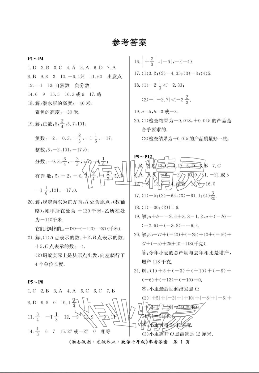 2024年湘岳假期寒假作业七年级数学人教版 第1页