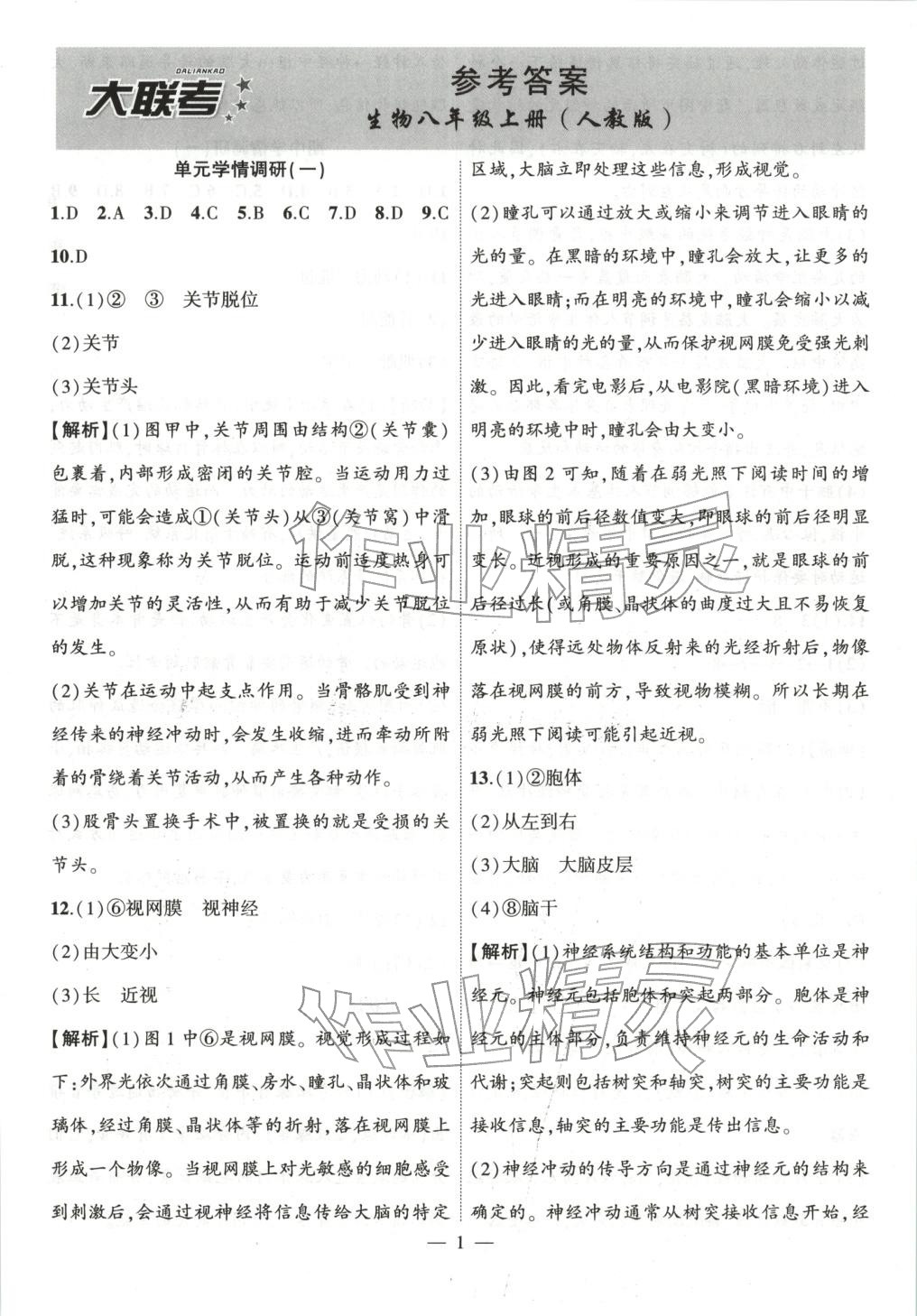 2025年大联考单元期末测试卷八年级生物上册人教版 第1页
