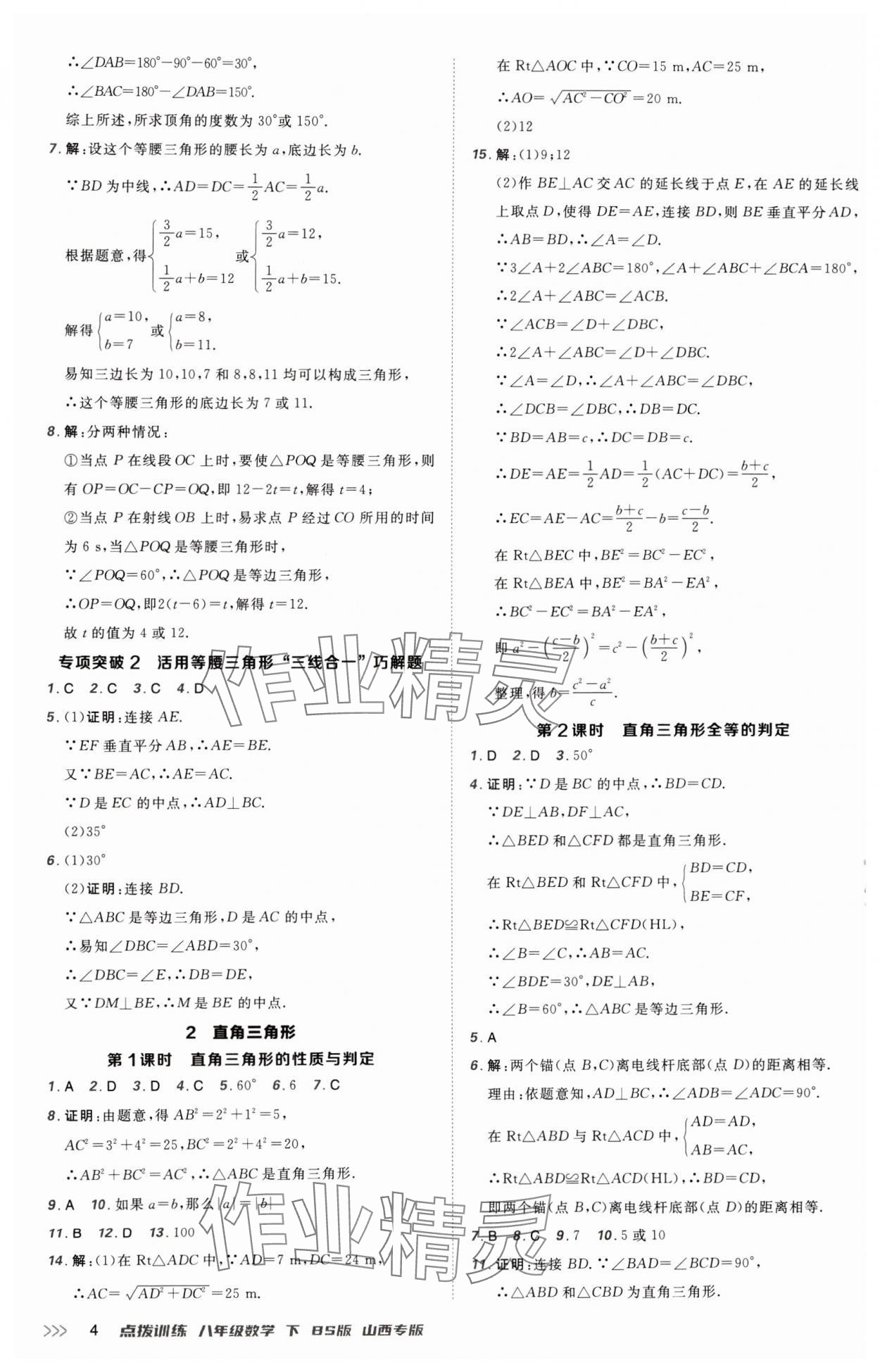 2025年點(diǎn)撥訓(xùn)練八年級(jí)數(shù)學(xué)下冊(cè)北師大版山西專版 參考答案第4頁