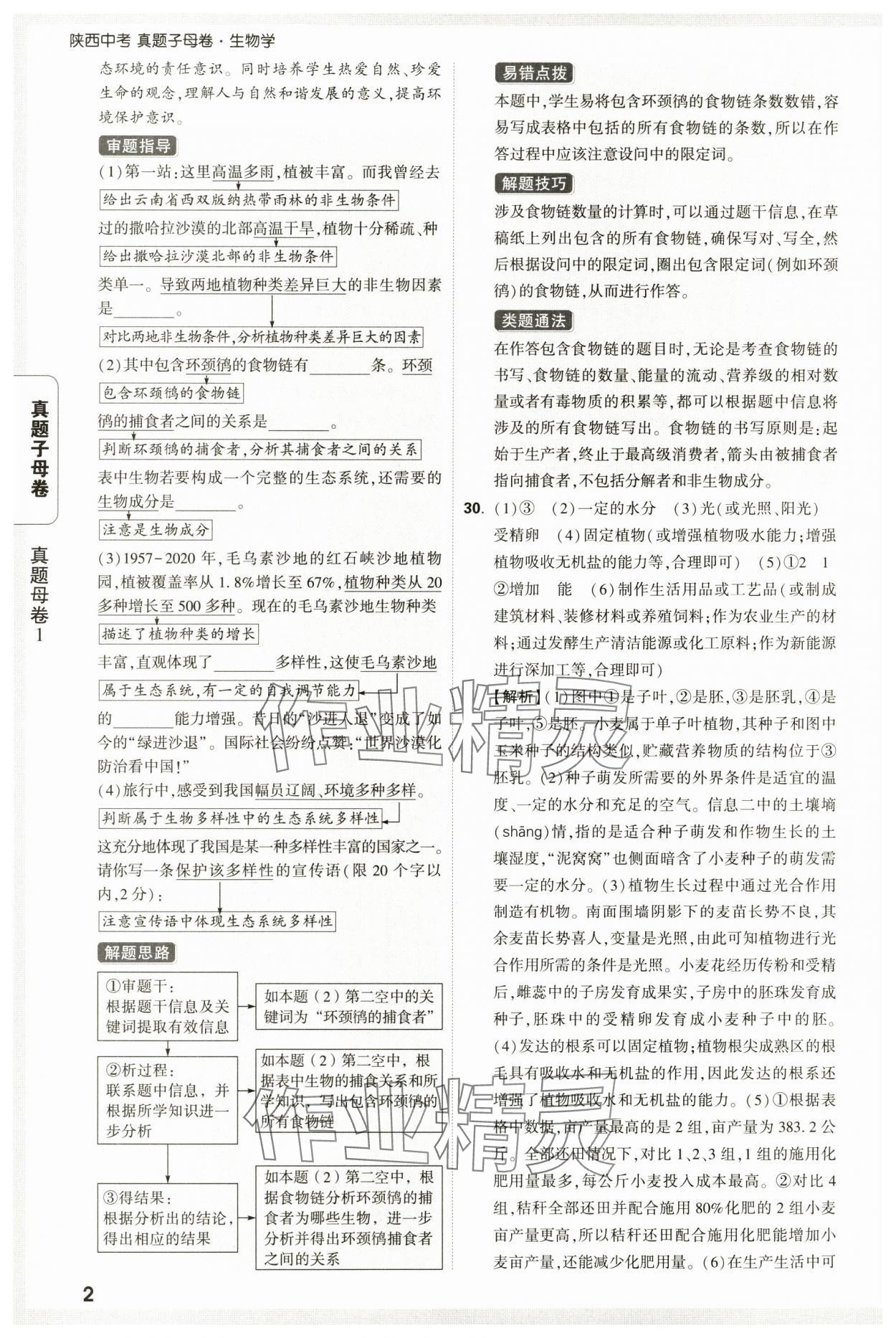 2025年万唯中考真题子母卷生物陕西专版 参考答案第2页