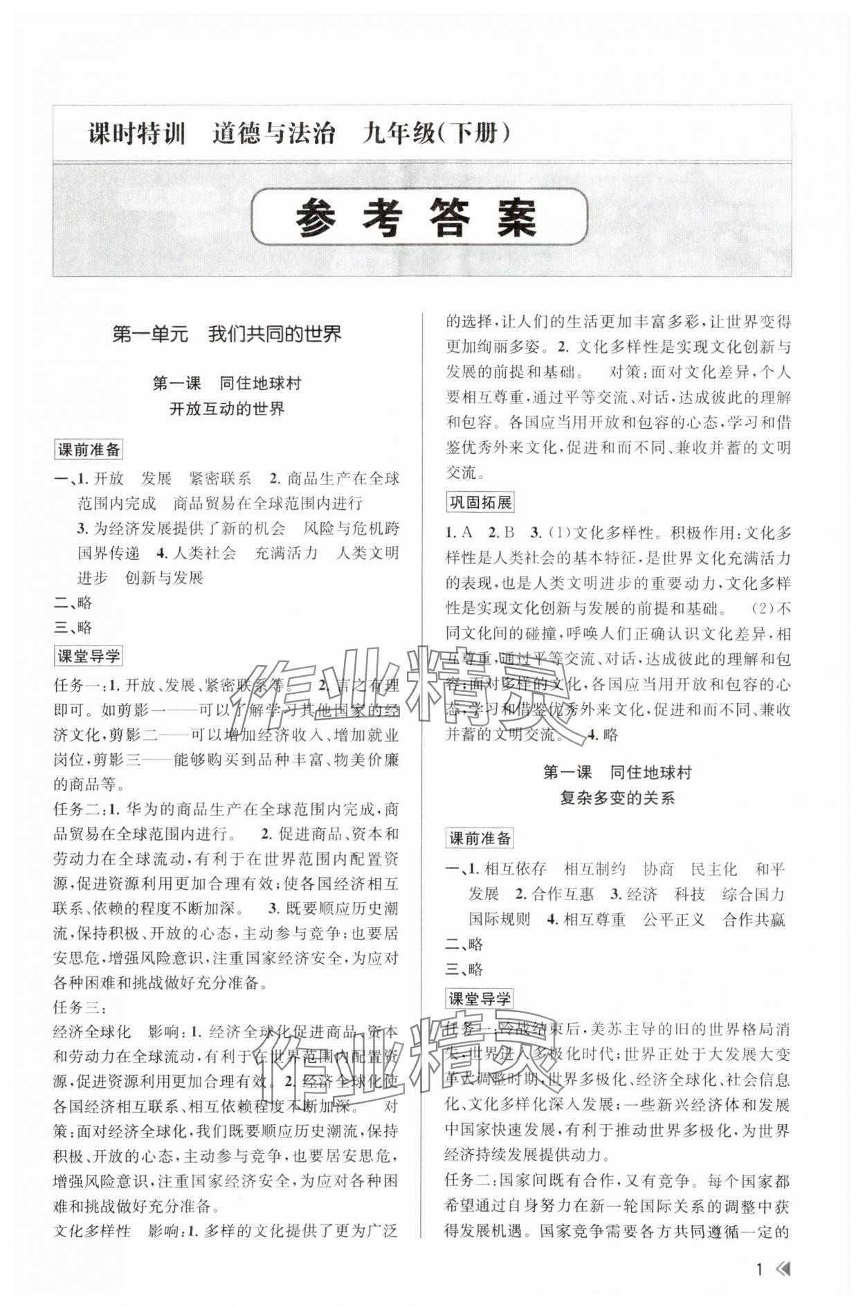 2024年浙江新課程三維目標(biāo)測評課時特訓(xùn)九年級道德與法治下冊人教版 第1頁