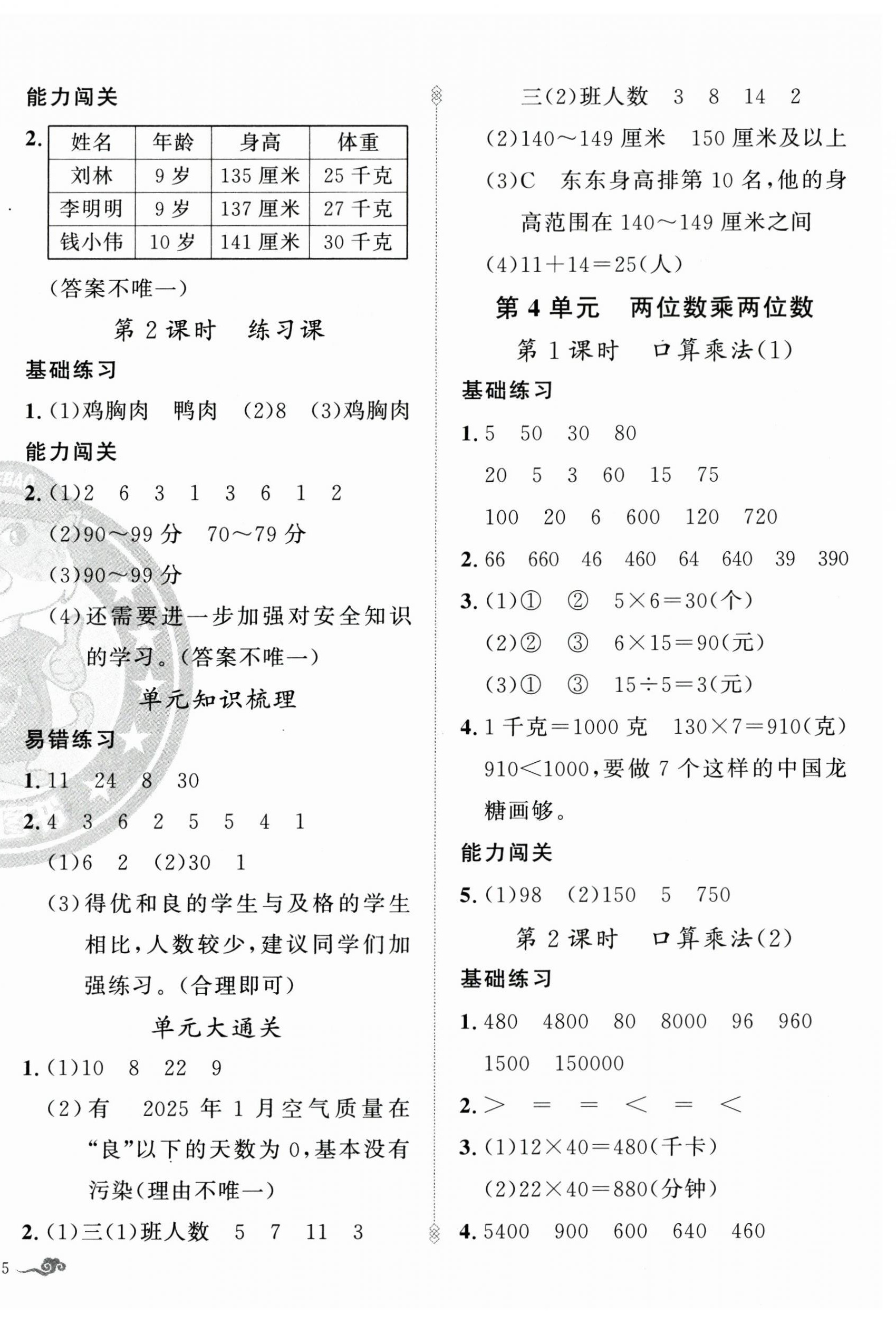 2025年黃岡金牌之路練闖考三年級數(shù)學下冊人教版 參考答案第6頁