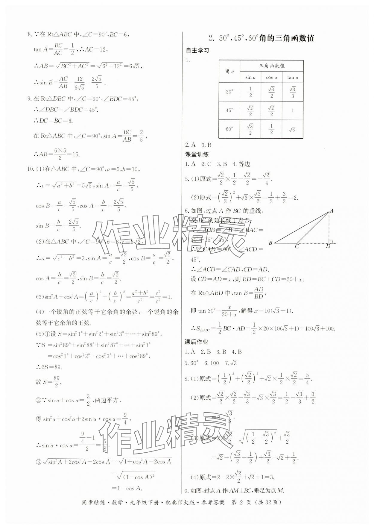 2025年同步精練廣東人民出版社九年級數學下冊北師大版 參考答案第2頁