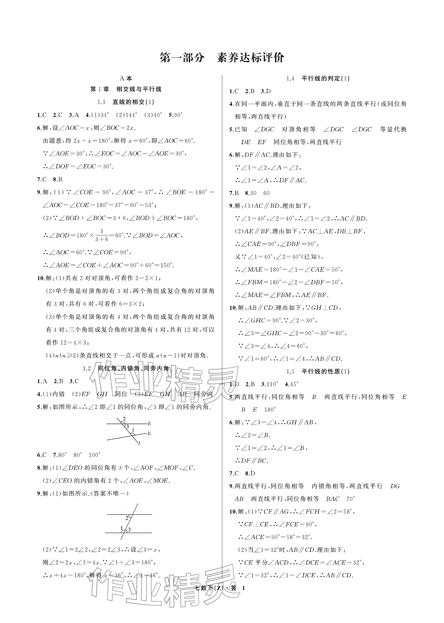 2026年名师面对面学科素养评价七年级数学下册浙教版&nbsp;参考答案第1页