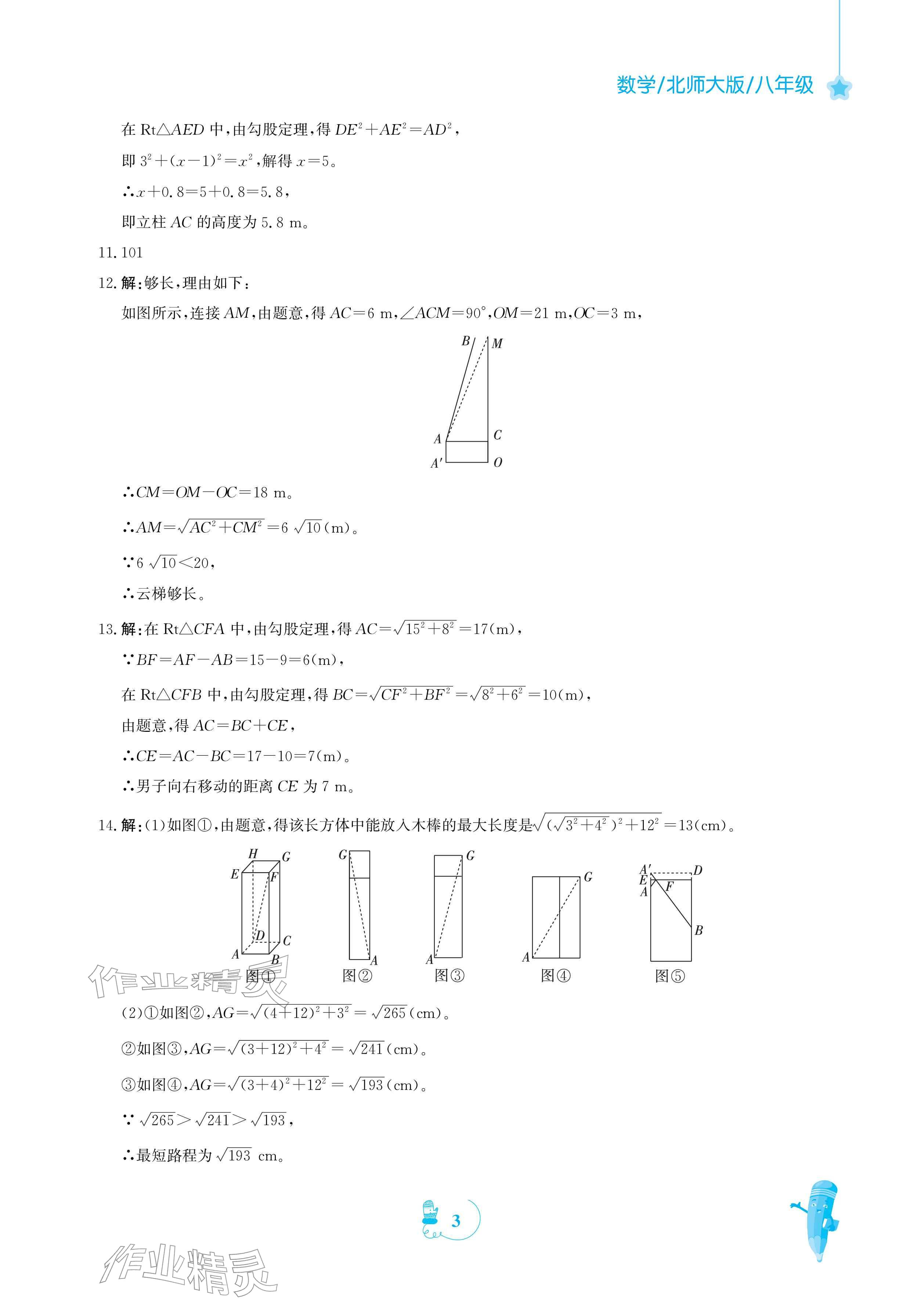 2026年寒假作业安徽教育出版社八年级数学北师大版&nbsp;参考答案第3页