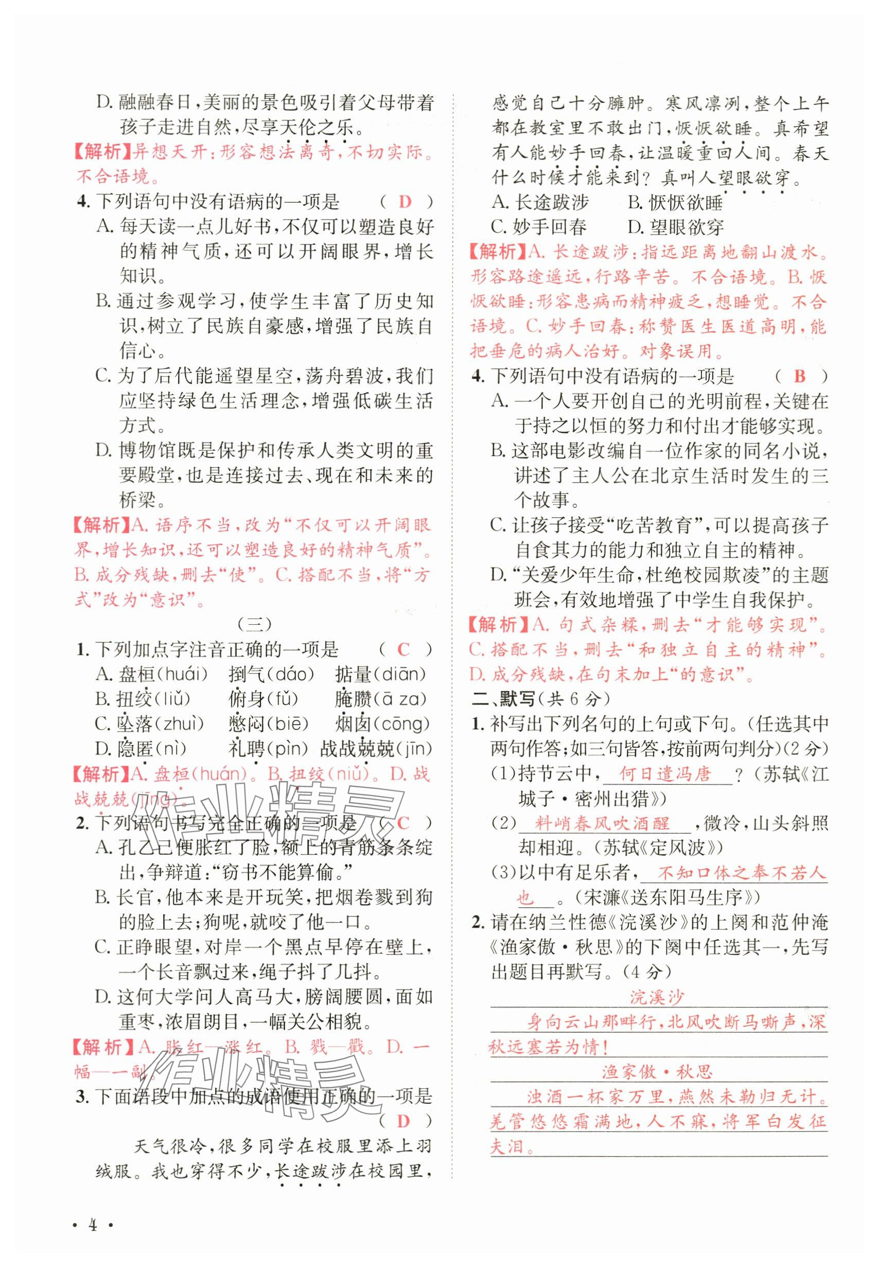 2024年蓉城學(xué)霸九年級(jí)語文下冊人教版 參考答案第4頁