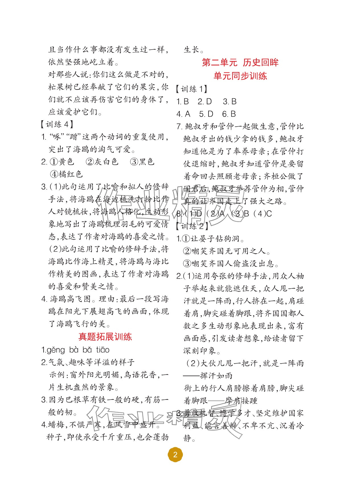 2025年阅读理解专项训练五年级语文上册人教版 参考答案第2页