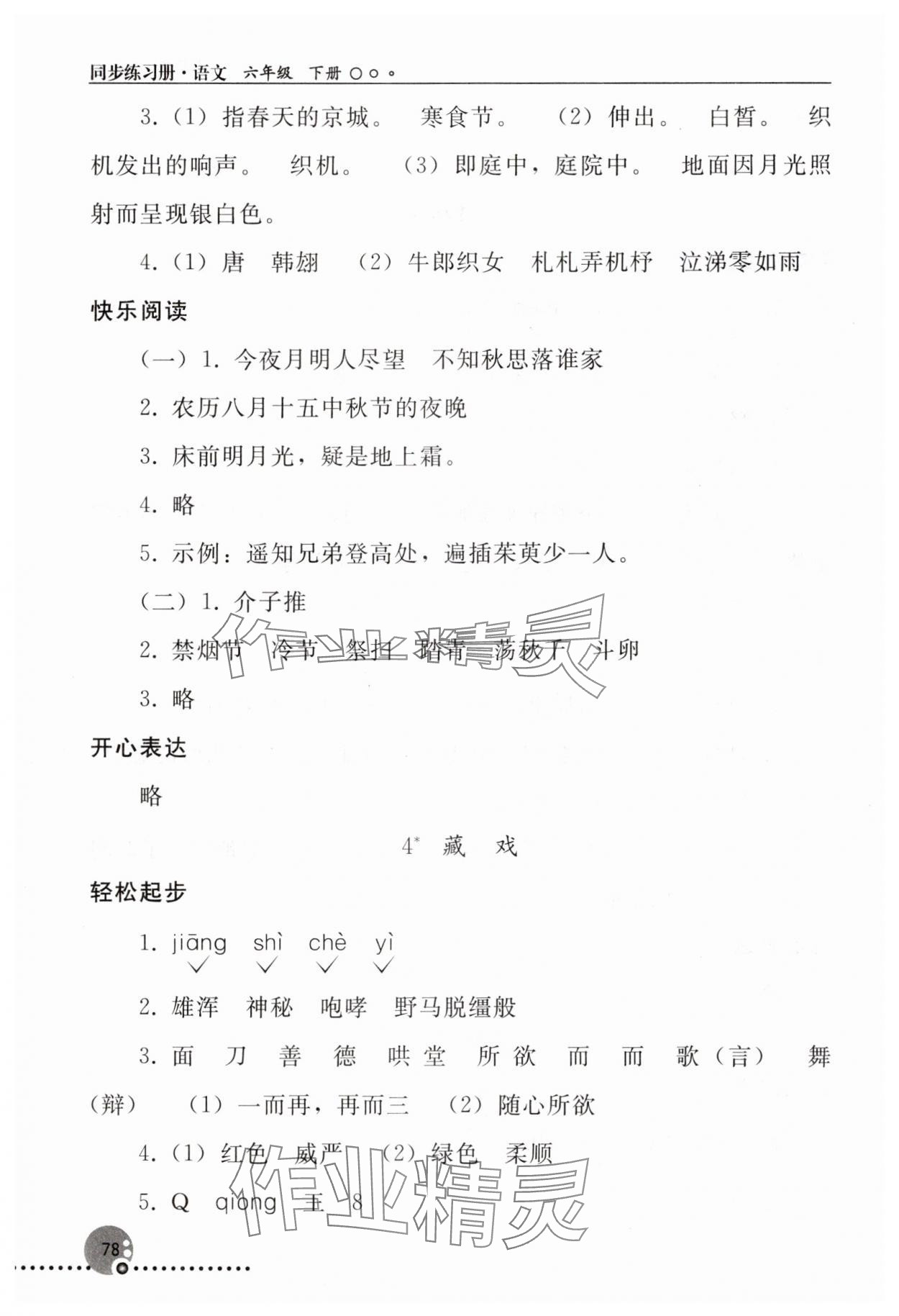 2025年同步练习册人民教育出版社六年级语文下册人教版新疆专版 参考答案第3页