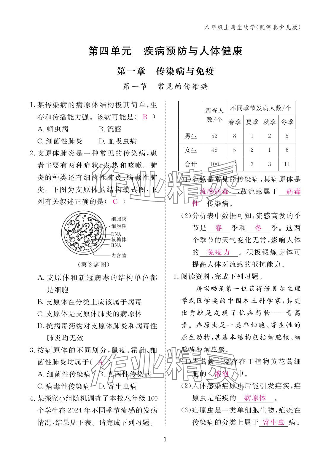 2025年作业本江西教育出版社八年级生物上册冀少版 参考答案第1页