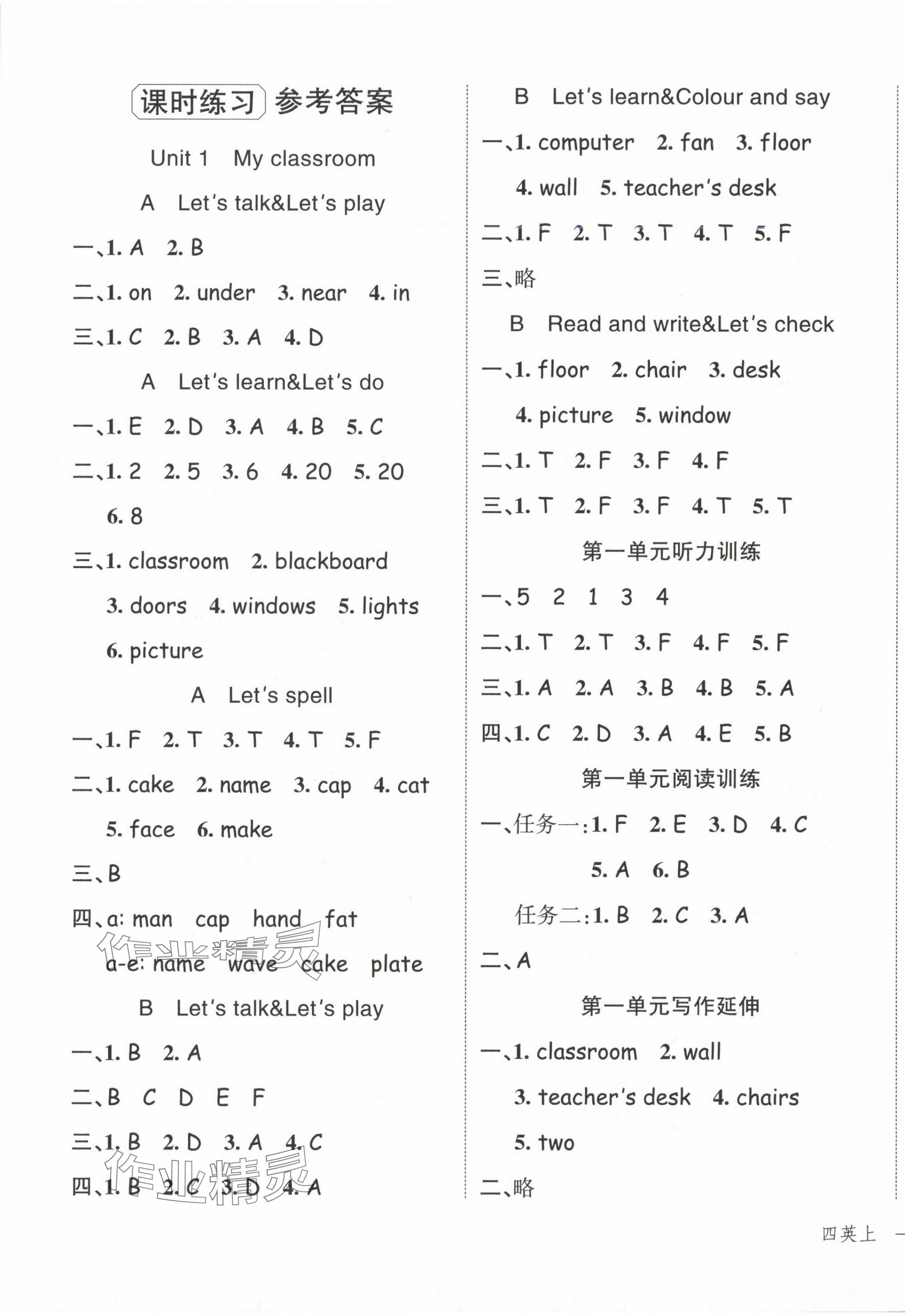 2024年名師面對(duì)面先學(xué)后練四年級(jí)英語(yǔ)上冊(cè)人教版 參考答案第1頁(yè)