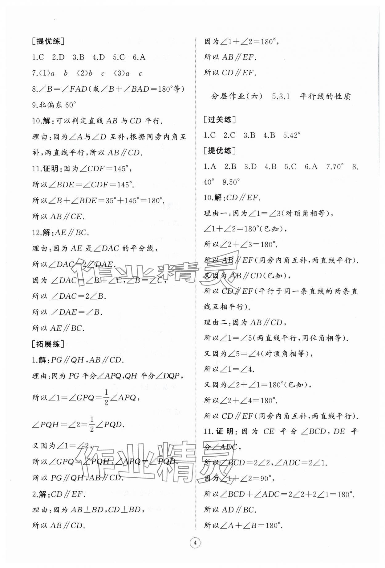 2024年同步练习册智慧作业七年级数学下册人教版 参考答案第4页