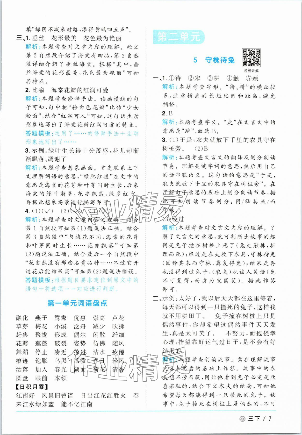 2025年阳光同学课时优化作业三年级语文下册人教版菏泽专版&nbsp;参考答案第7页