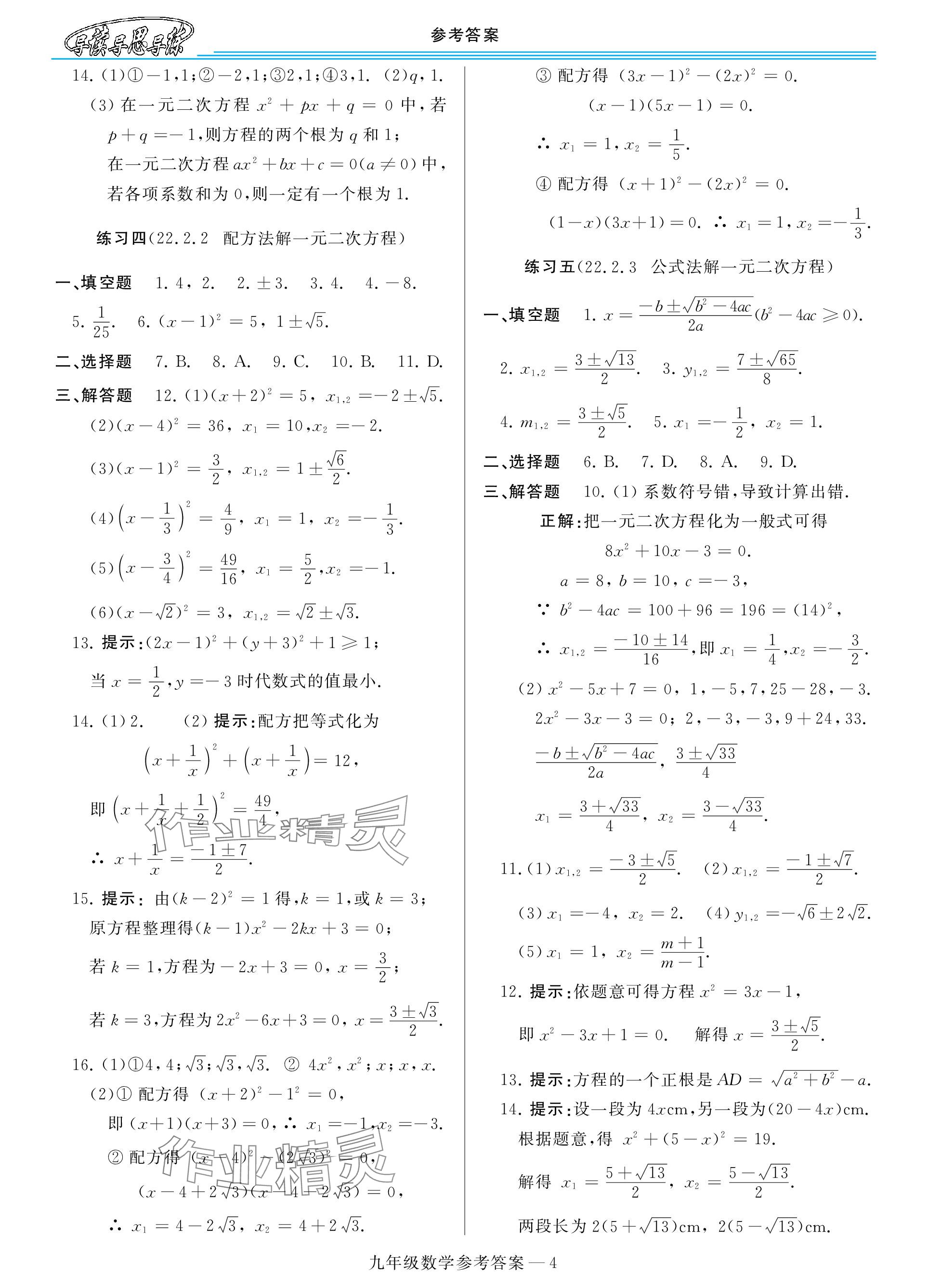 2023年新课程学习指导九年级数学全一册华师大版 参考答案第4页