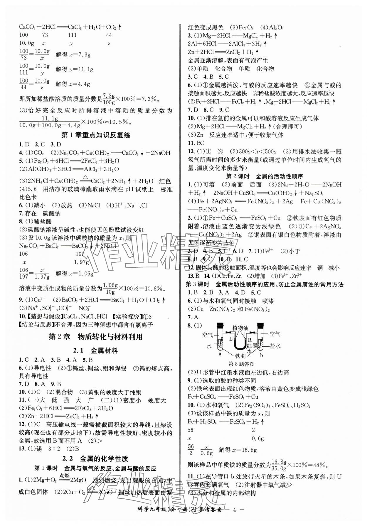 2024年名師金典BFB初中課時(shí)優(yōu)化九年級(jí)科學(xué)全一冊(cè)浙教版 參考答案第4頁(yè)