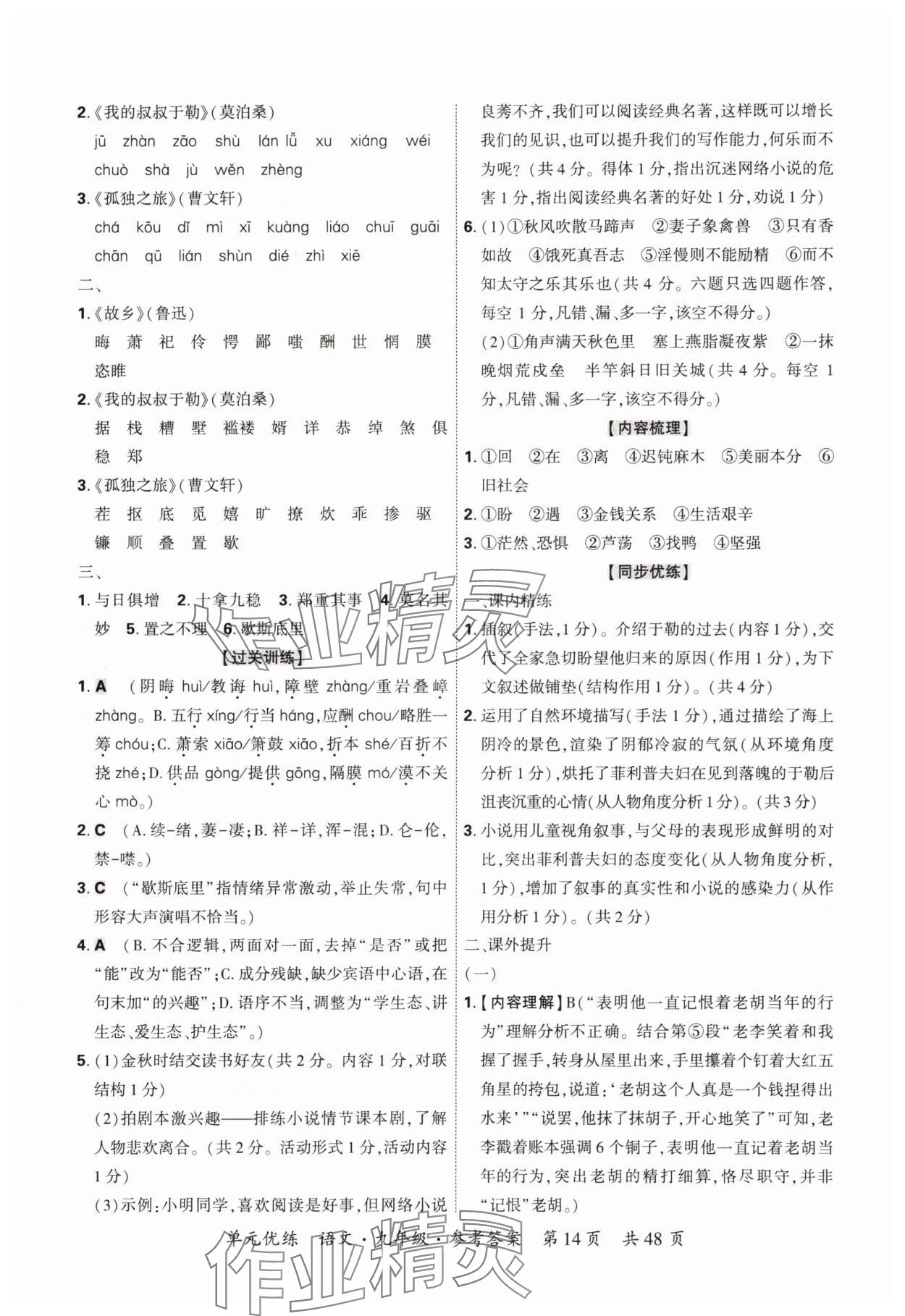2025年單元優(yōu)練九年級(jí)語(yǔ)文全一冊(cè)人教版&nbsp;參考答案第14頁(yè)