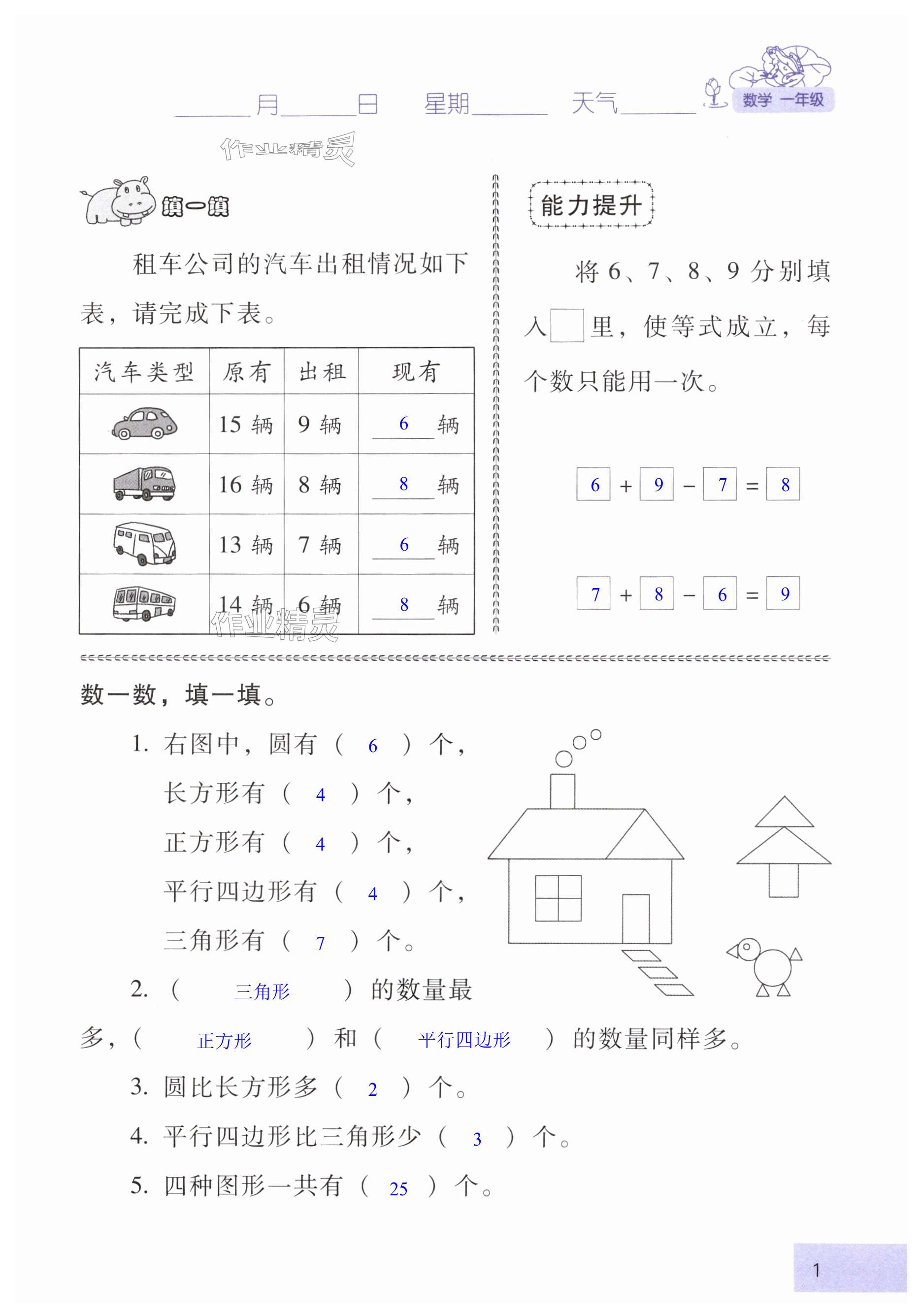 2025年云南标准教辅暑假活动一年级数学人教版&nbsp;第1页