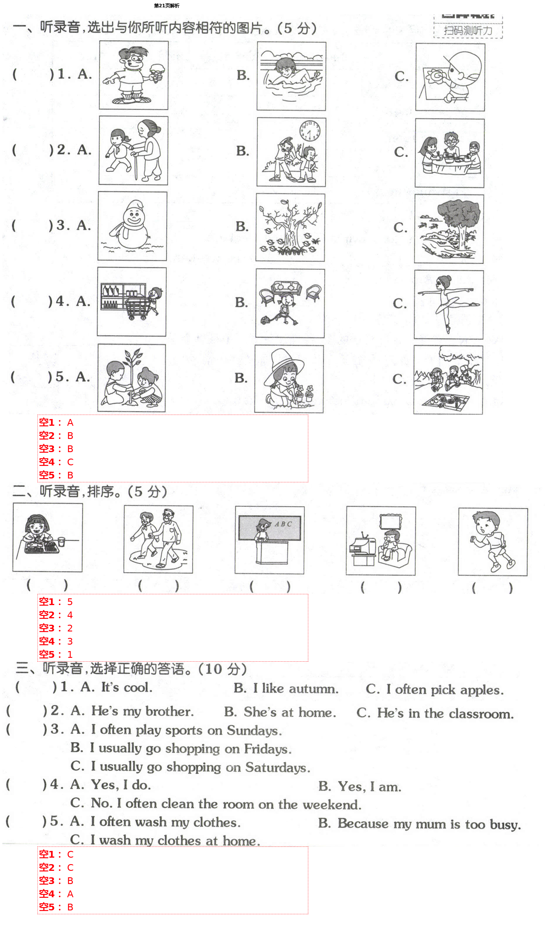 2021年同步練習冊配套單元自測試卷五年級英語下冊人教版 第21頁