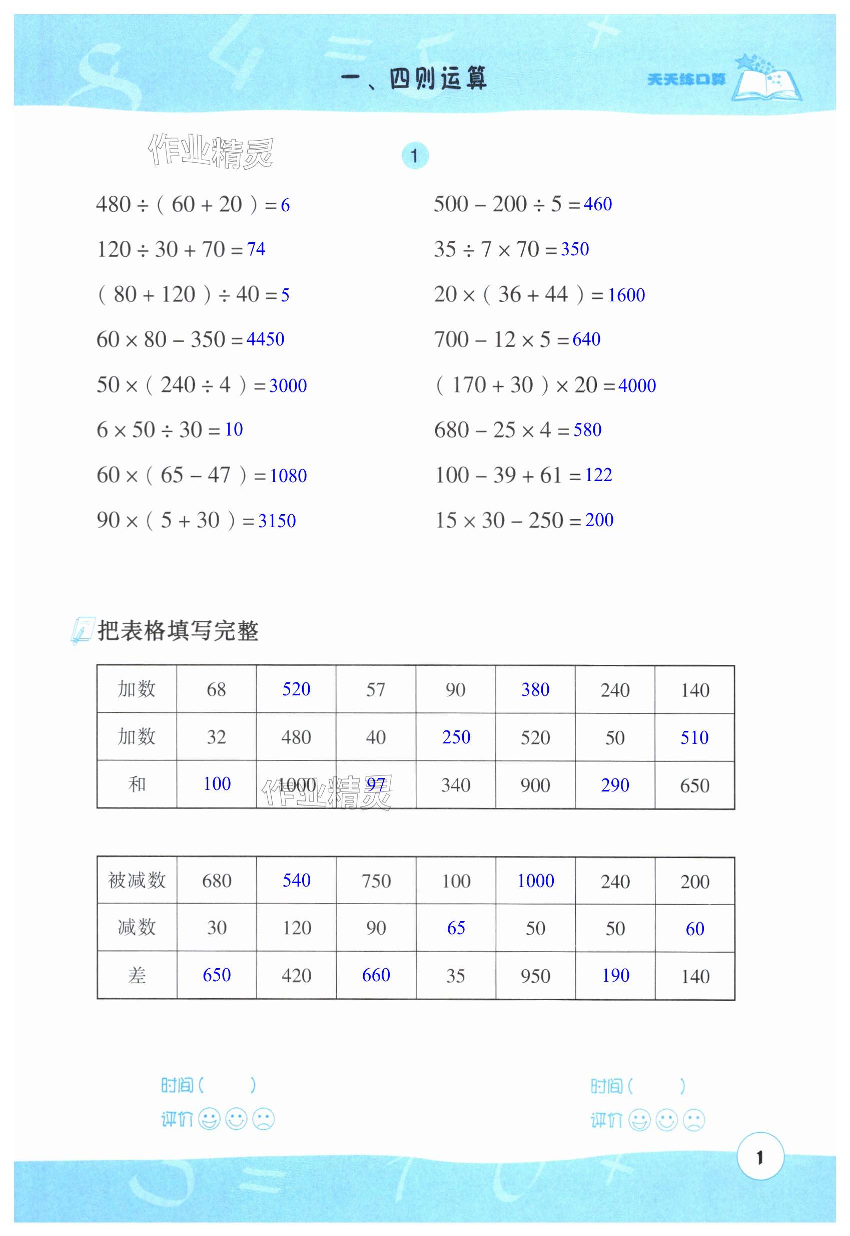 2024年天天練口算四年級(jí)數(shù)學(xué)下冊(cè)人教版 第1頁