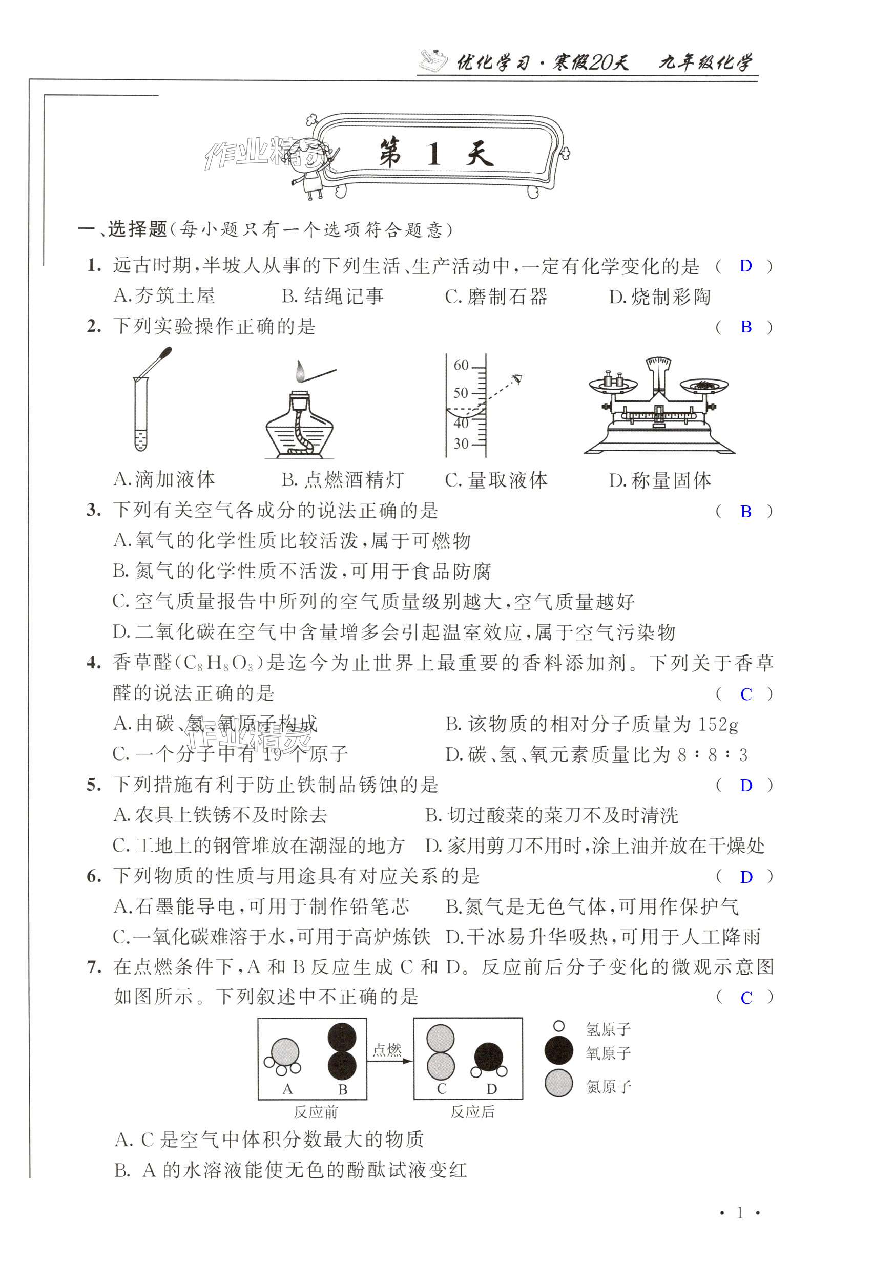 2025年優(yōu)化學(xué)習(xí)寒假20天九年級(jí)化學(xué)江蘇專版 第1頁