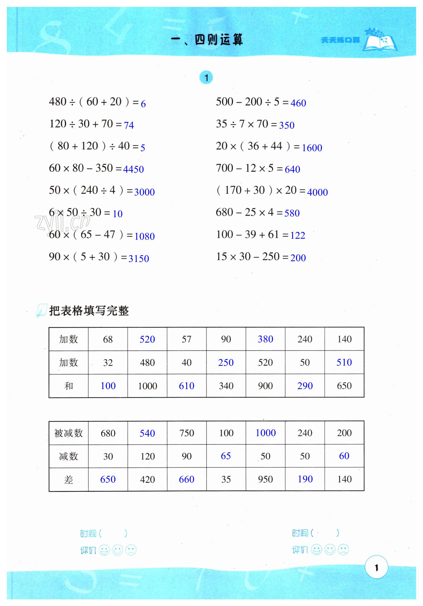 2023年天天练口算四年级数学下册人教版 第1页