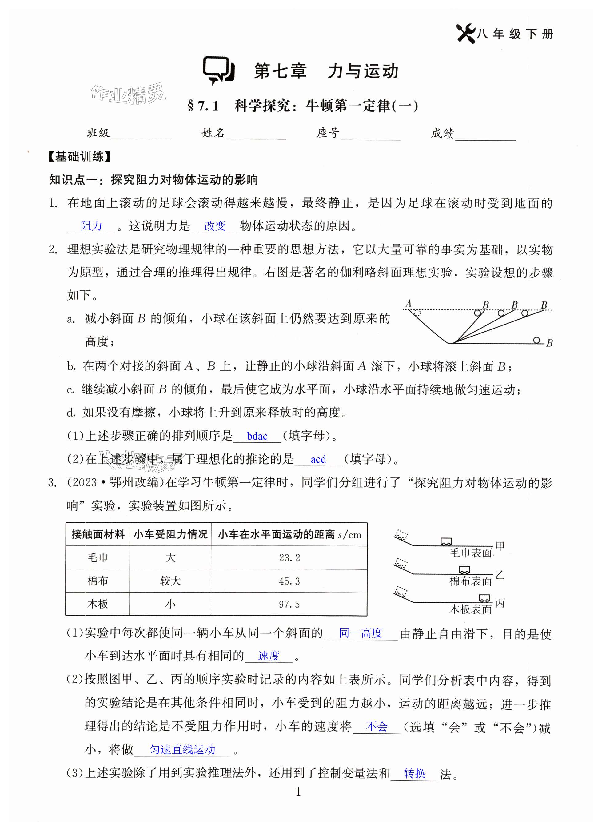 2024年同步練習加過關(guān)測試八年級物理下冊滬科版 第1頁