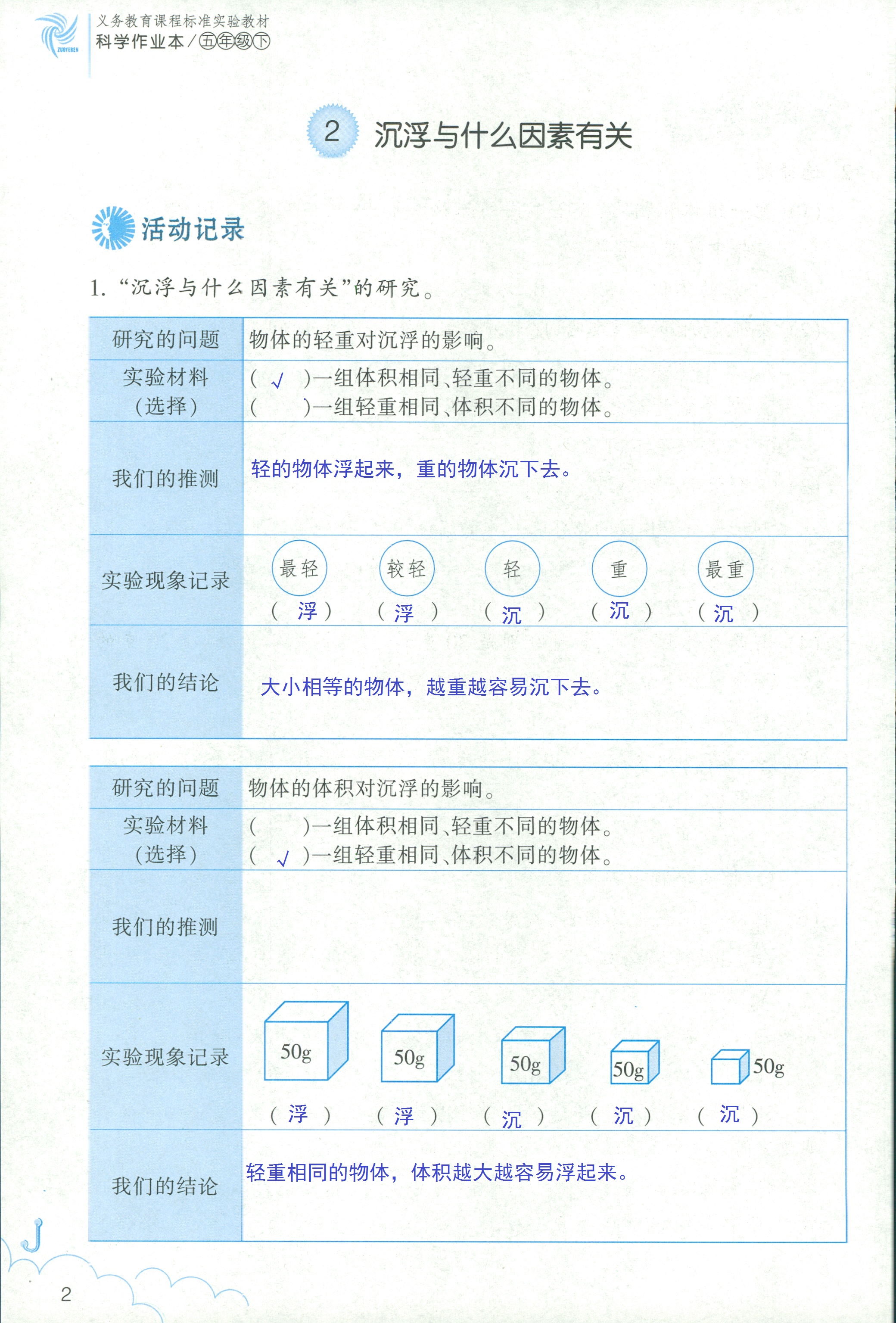 2020年科学作业本五年级下册教科版浙江教育出版社 第2页