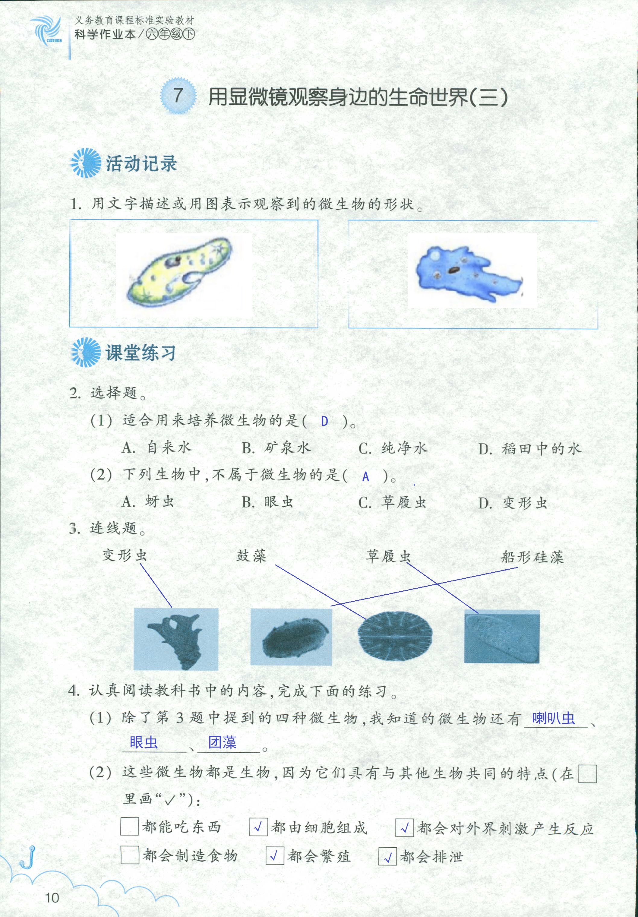 2020年作业本六年级科学下册教科版浙江教育出版社 第10页