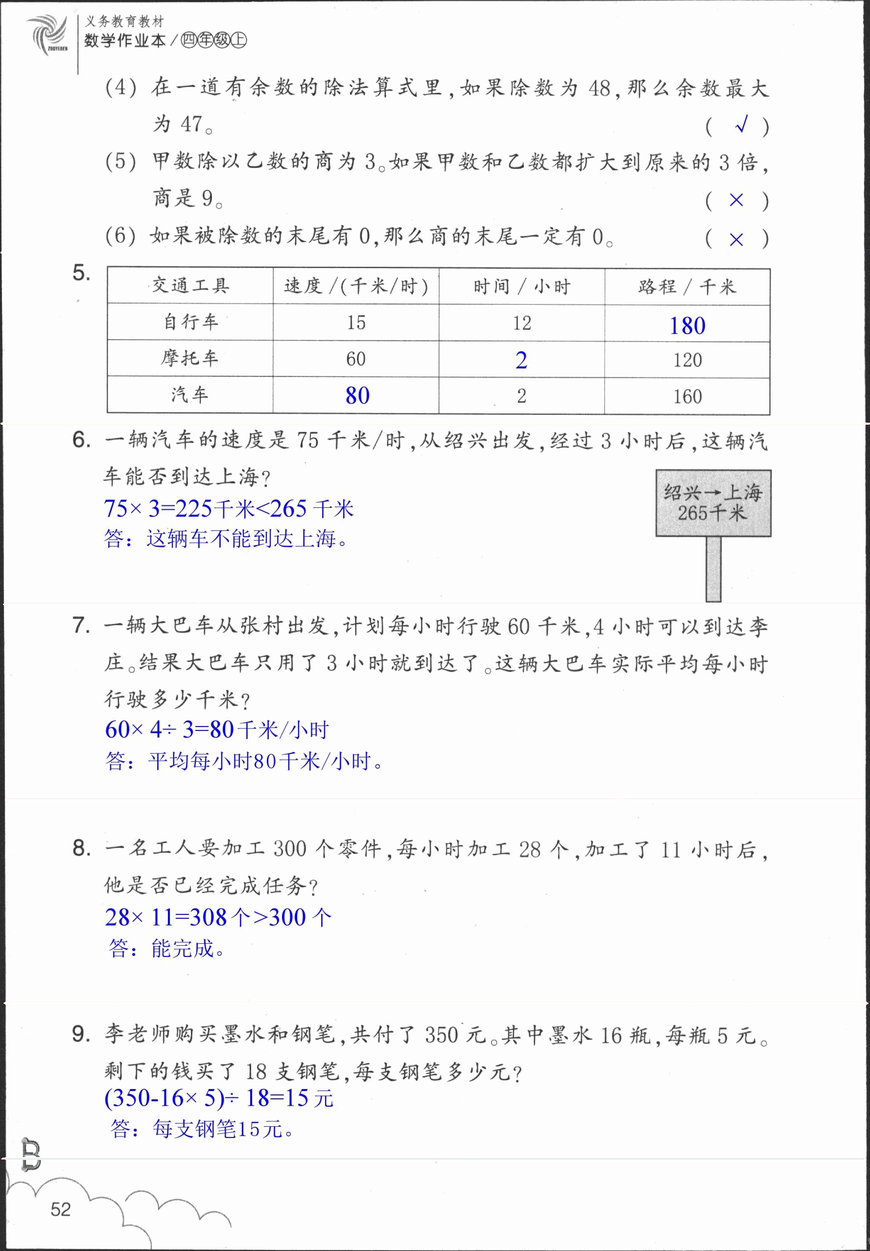 數(shù)學作業(yè)本 第52頁