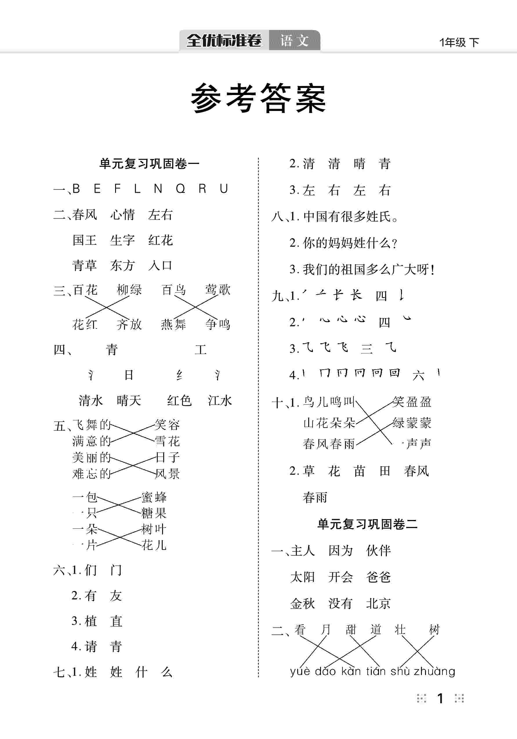 2020年全優(yōu)標(biāo)準卷一年級語文下冊人教版 第2頁