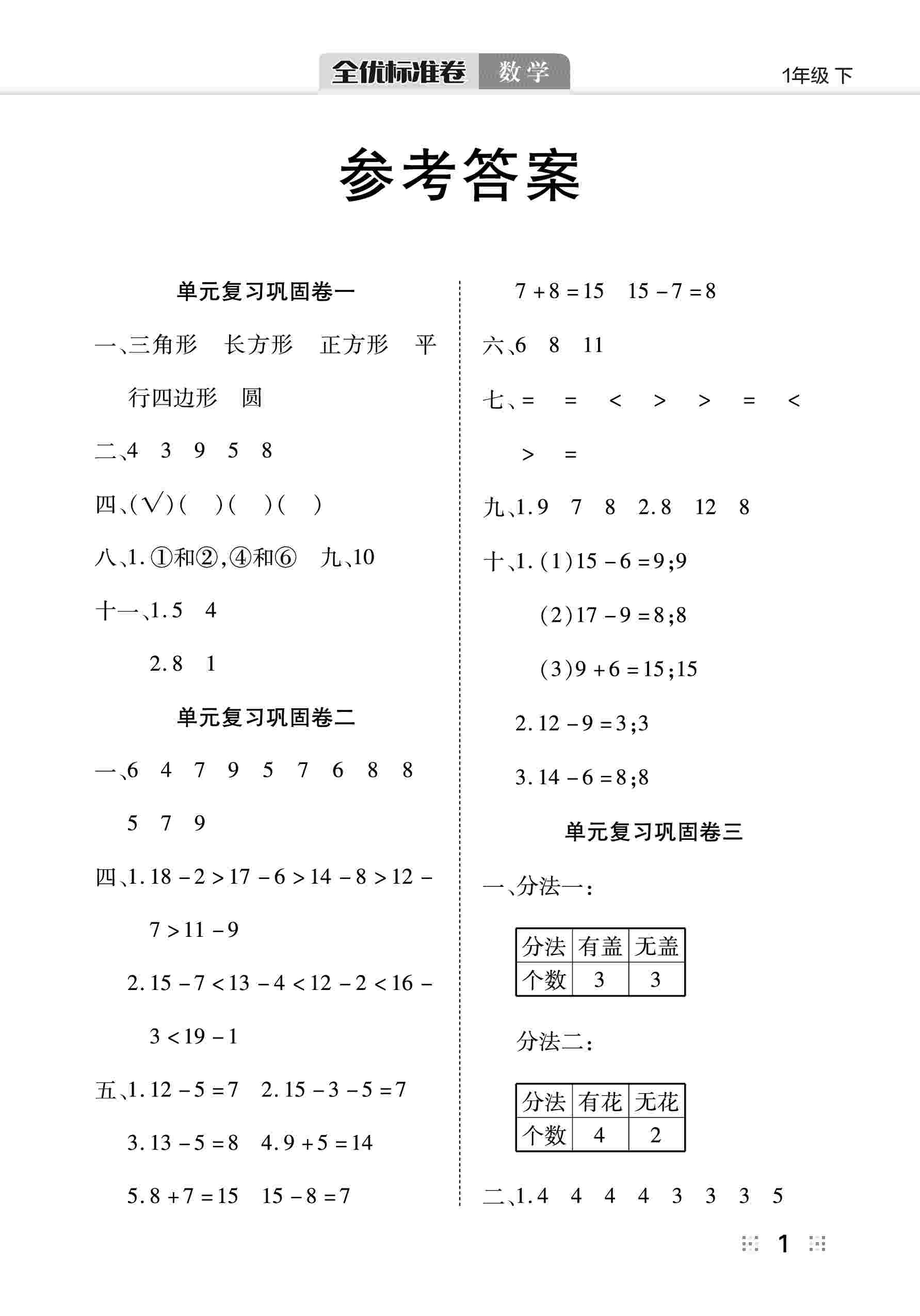 2020年全優(yōu)標(biāo)準(zhǔn)卷一年級數(shù)學(xué)下冊人教版 第2頁