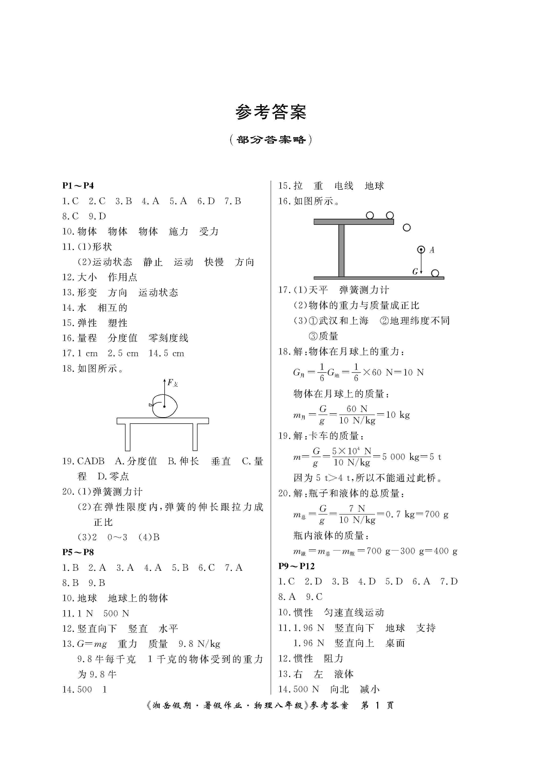 2020年湘岳假期暑假作业八年级物理人教版 第1页