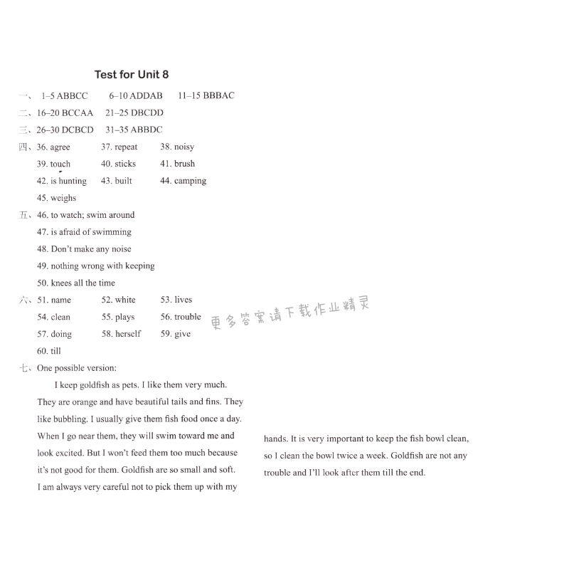 初一七年级下册英语Test for Unit 8课课练答案（配译林版）