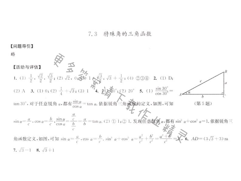 7.3特殊角的三角函数学习与评价答案