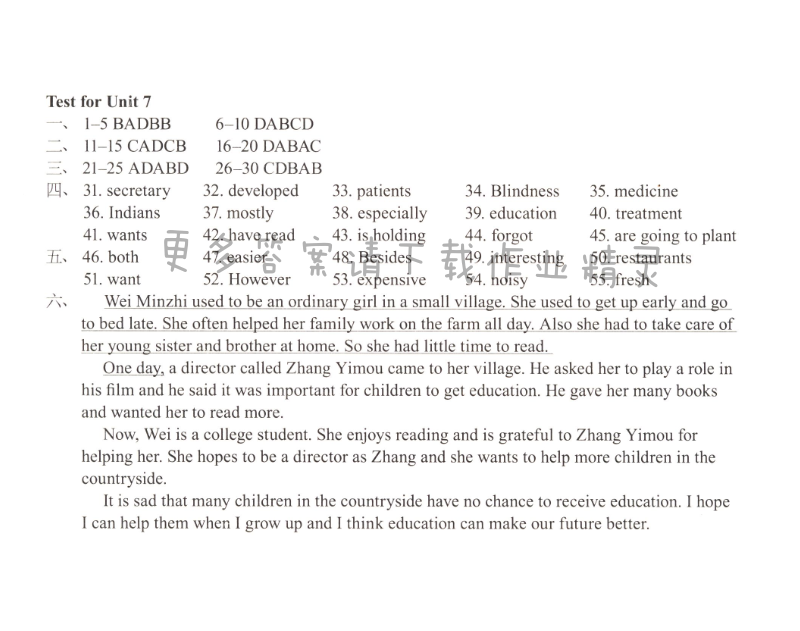 初二八年级下册英语Test for Unit 7学习与评价答案（配译林版）