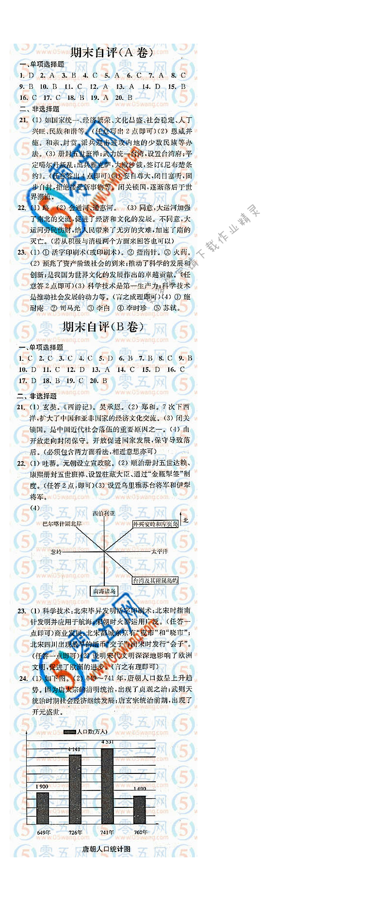 岳麓版七年级下册历史期末自评同步练习答案