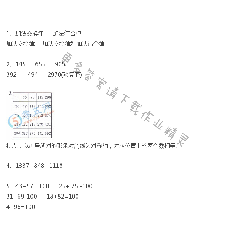 人教版四年级下册数学教材练习五答案