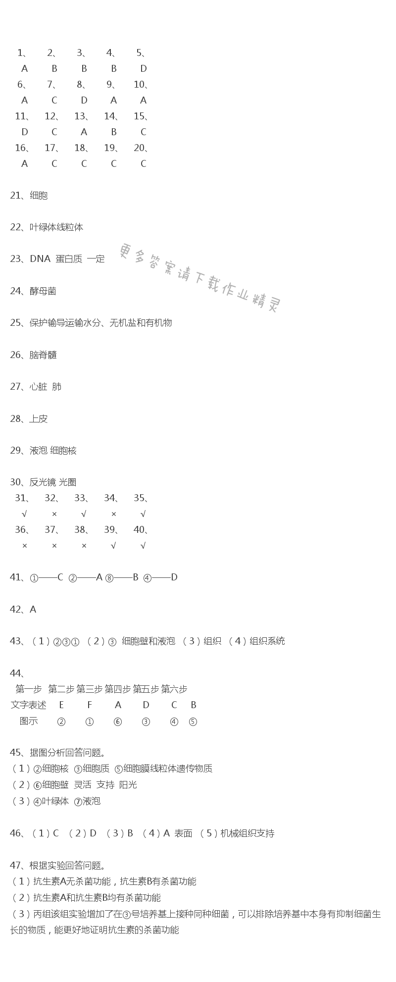 苏科版七年级下册初中生物学第四单元单元练习课课练答案