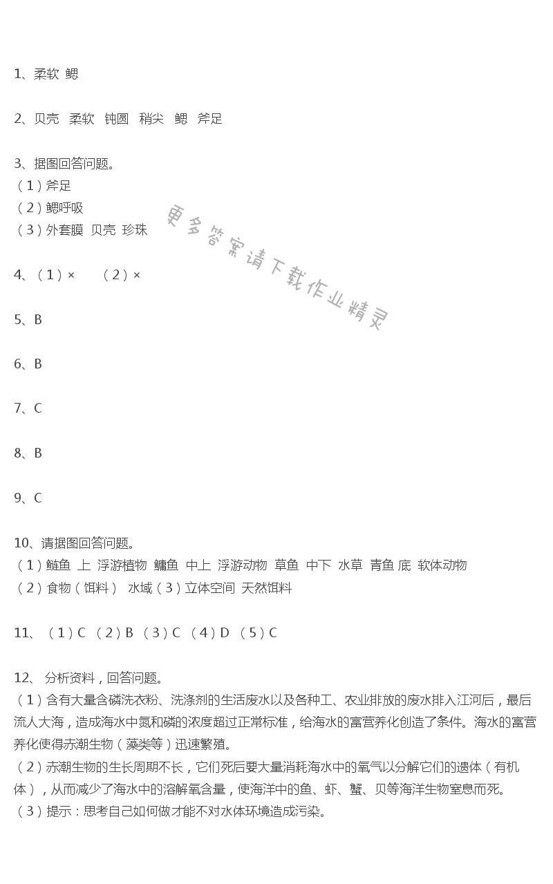 第10章课时2水中的动物（2）课课练答案