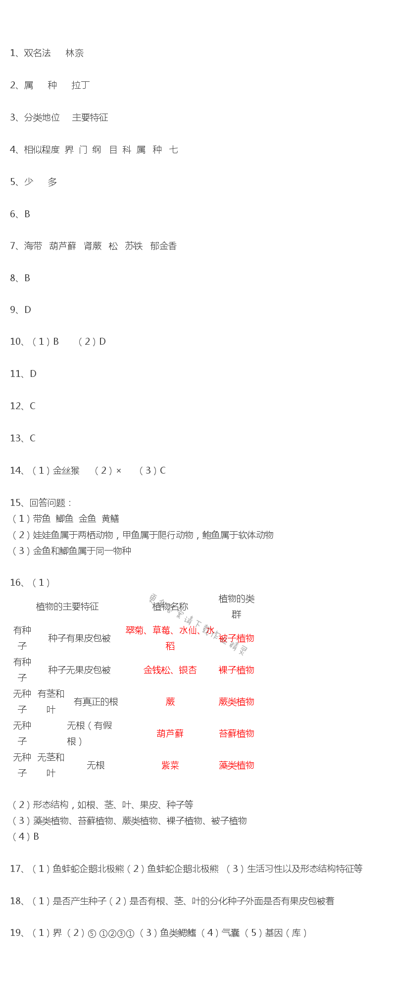 第14章课时12生物的命名和分类课课练答案