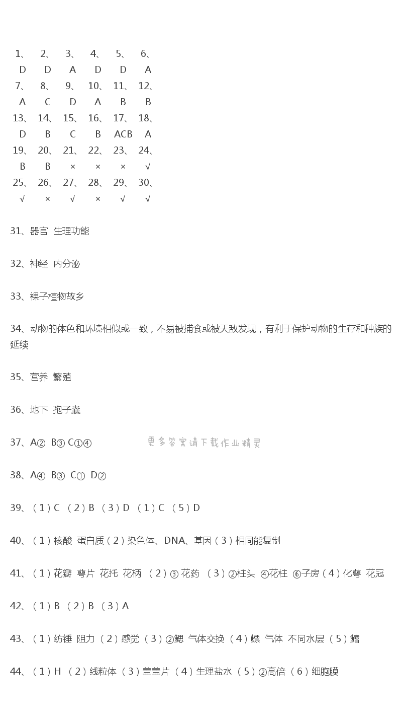 苏科版七年级下册初中生物学期中自我评价课课练答案