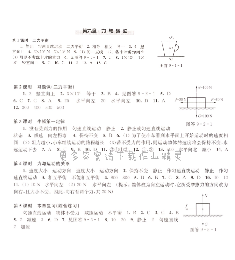 苏科版八下物理第九章力与运动同步练习答案