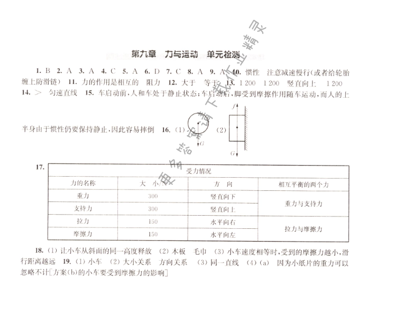 苏科版八下物理第九章单元检测同步练习答案